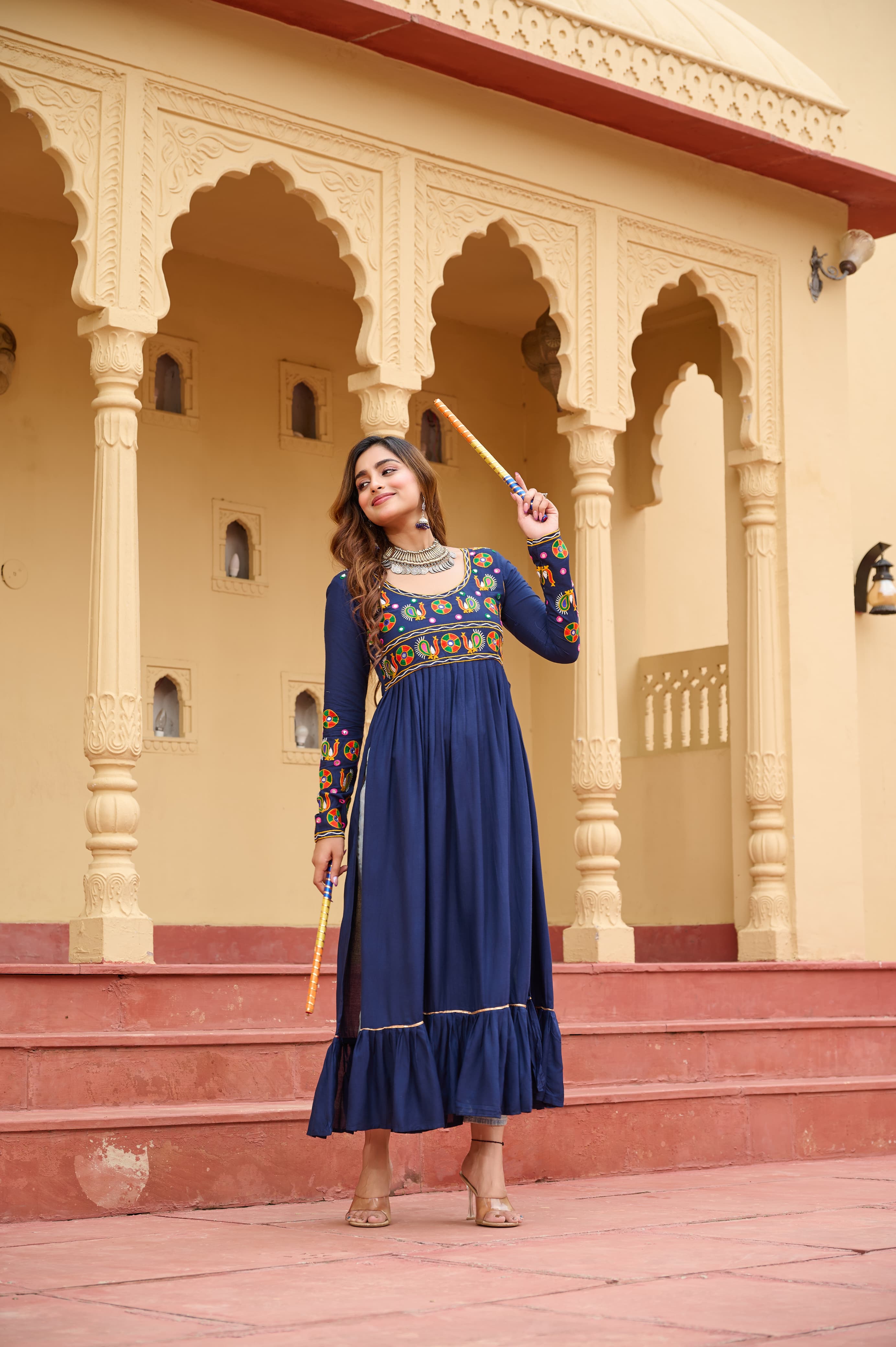 Prazu Fashion Blue Rayon With Kutchi Gamthi Work Navratri Kurti