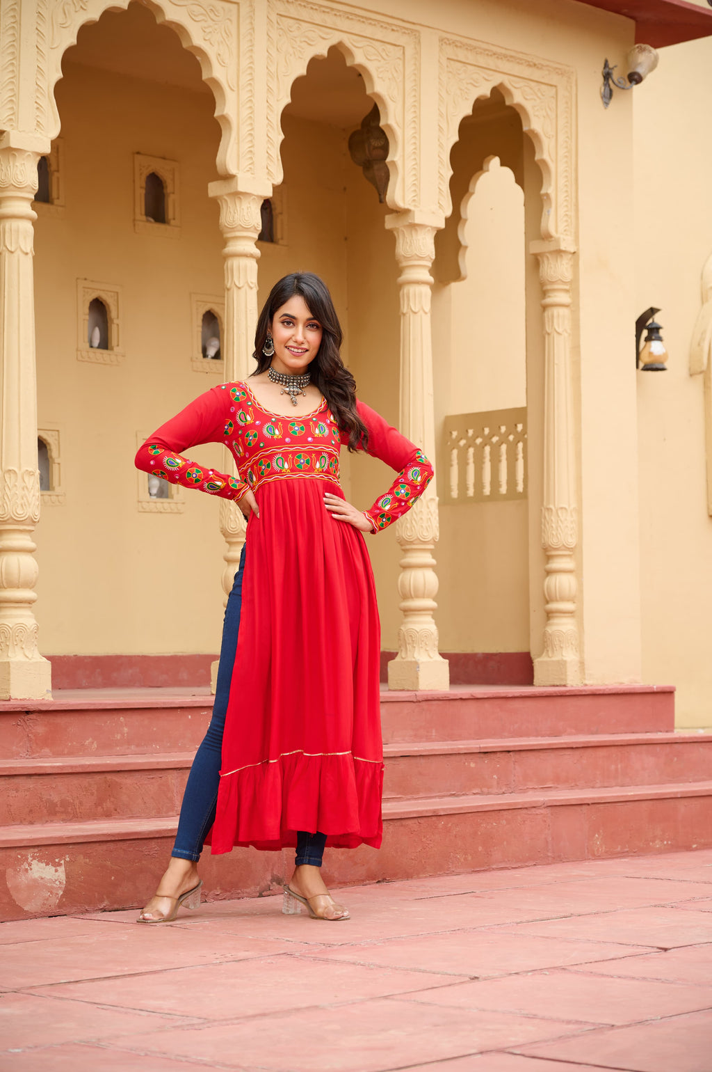Prazu Fashion Red Rayon With Kutchi Gamthi Work Navratri Kurti
