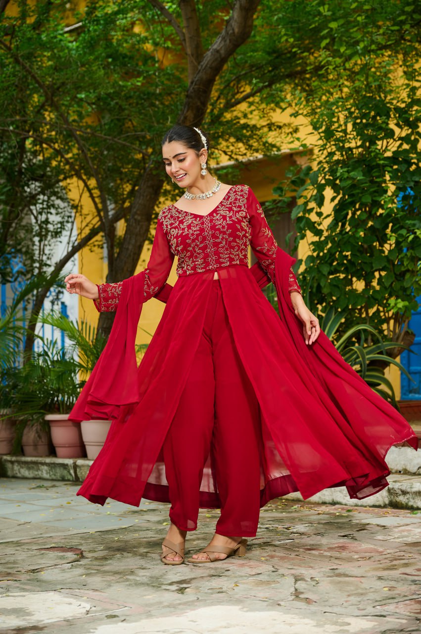 Prazu Fashion Maroon Wine Georgette Multithreaded Beads Embroidered Salwar Suit