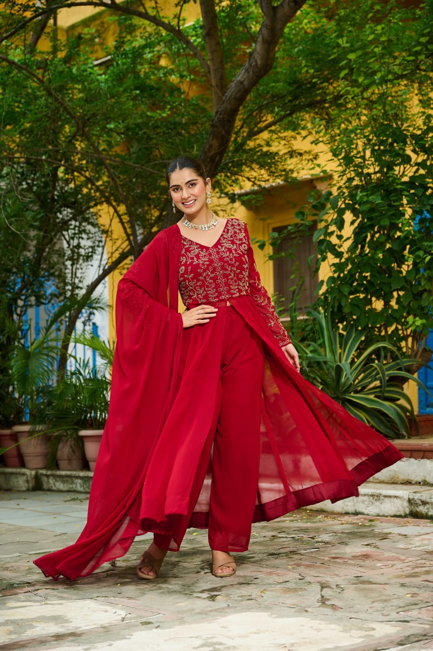 Prazu Fashion Maroon Wine Georgette Multithreaded Beads Embroidered Salwar Suit