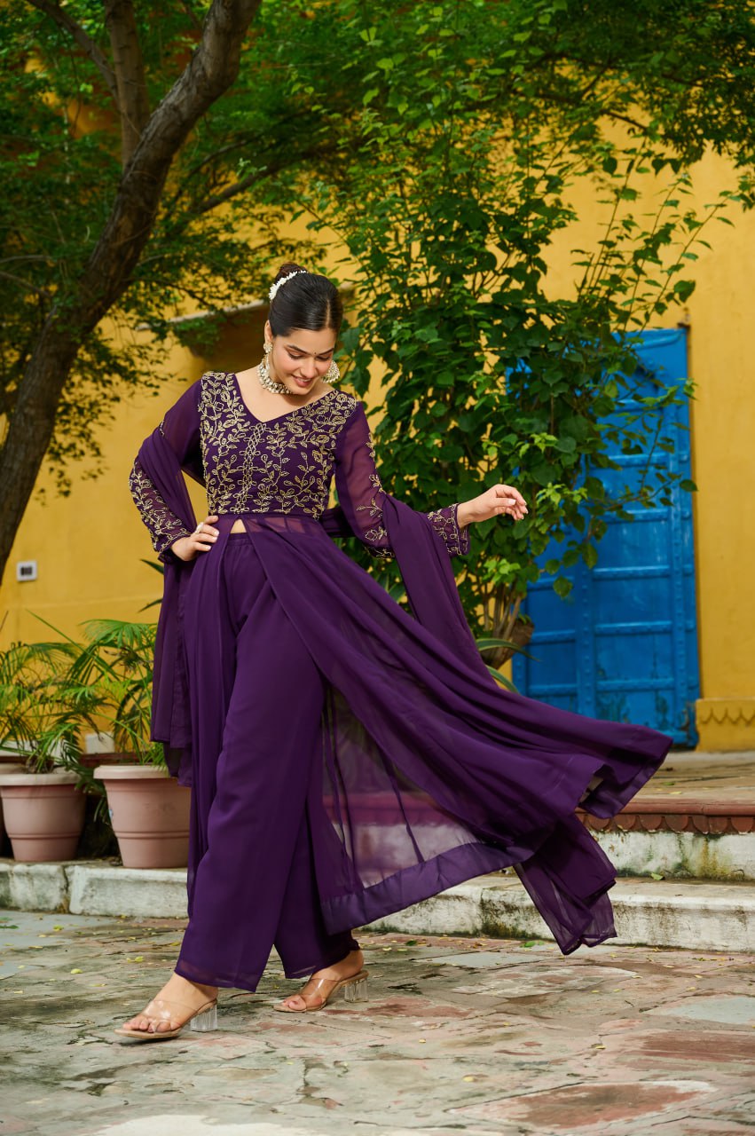 Prazu Fashion Wine Georgette Multithreaded Beads Embroidered Salwar Suit