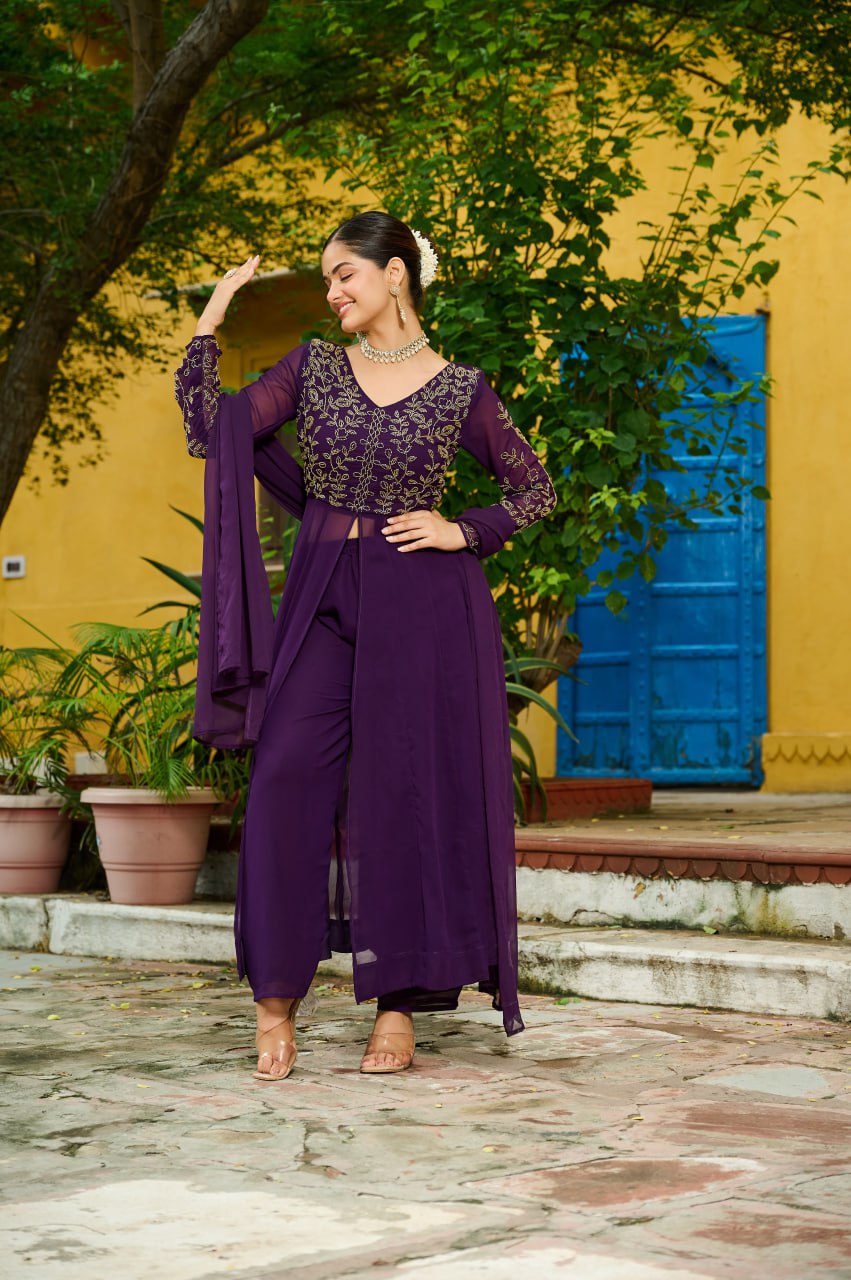 Prazu Fashion Wine Georgette Multithreaded Beads Embroidered Salwar Suit
