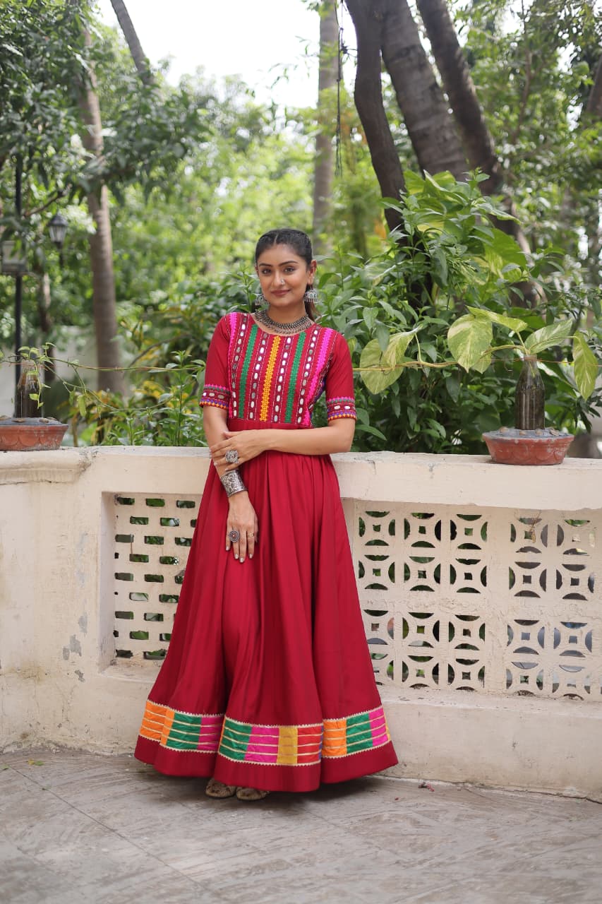 Prazu Fashion Red Roman Silk Multicolor Thread And Mirror Work Navratri Gown