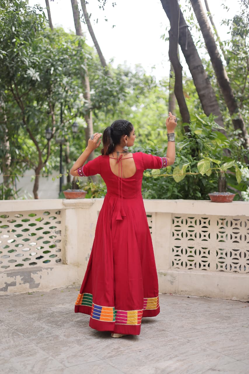 Prazu Fashion Red Roman Silk Multicolor Thread And Mirror Work Navratri Gown