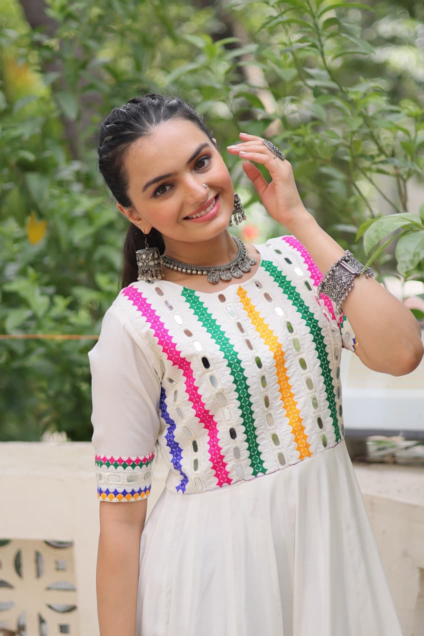 Prazu Fashion White Roman Silk Multicolor Thread And Mirror Work Navratri Gown