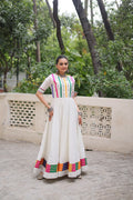 Prazu Fashion White Roman Silk Multicolor Thread And Mirror Work Navratri Gown