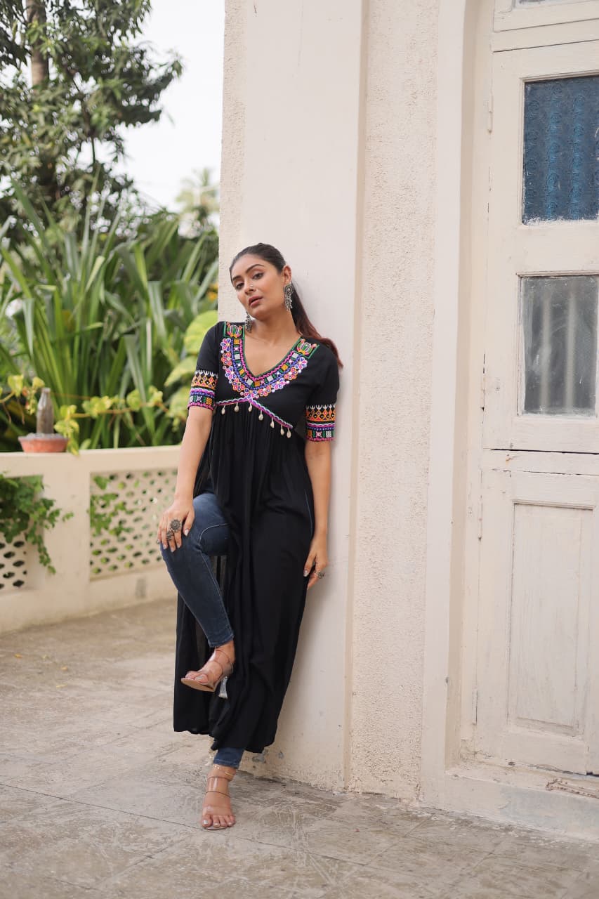 Prazu Fashion Black Rayon With Kutchi Gamthi Work Navratri Kurti