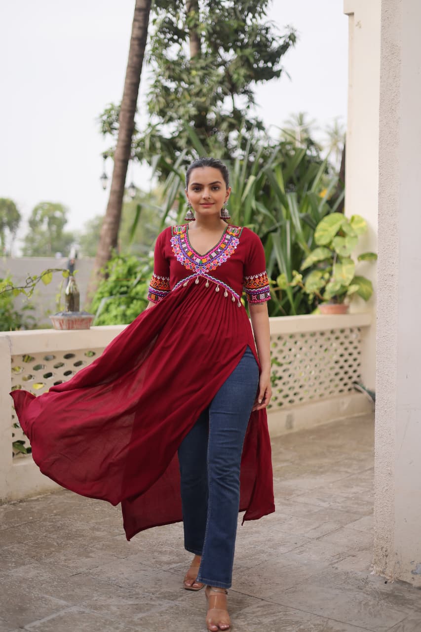Prazu Fashion Maroon Rayon With Kutchi Gamthi Work Navratri Kurti