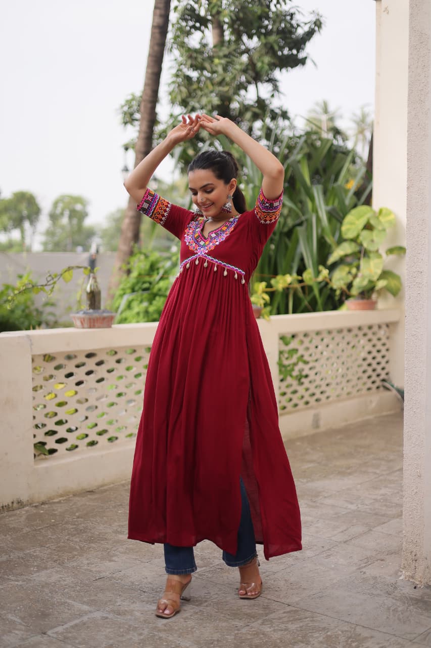 Prazu Fashion Maroon Rayon With Kutchi Gamthi Work Navratri Kurti