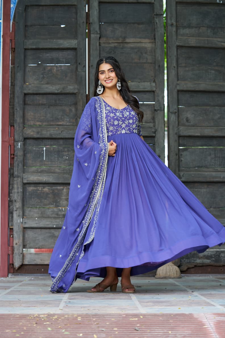 Prazu Fashion Blue Georgette Sequins Multithreaded Beads Embroidered Gown With Dupatta