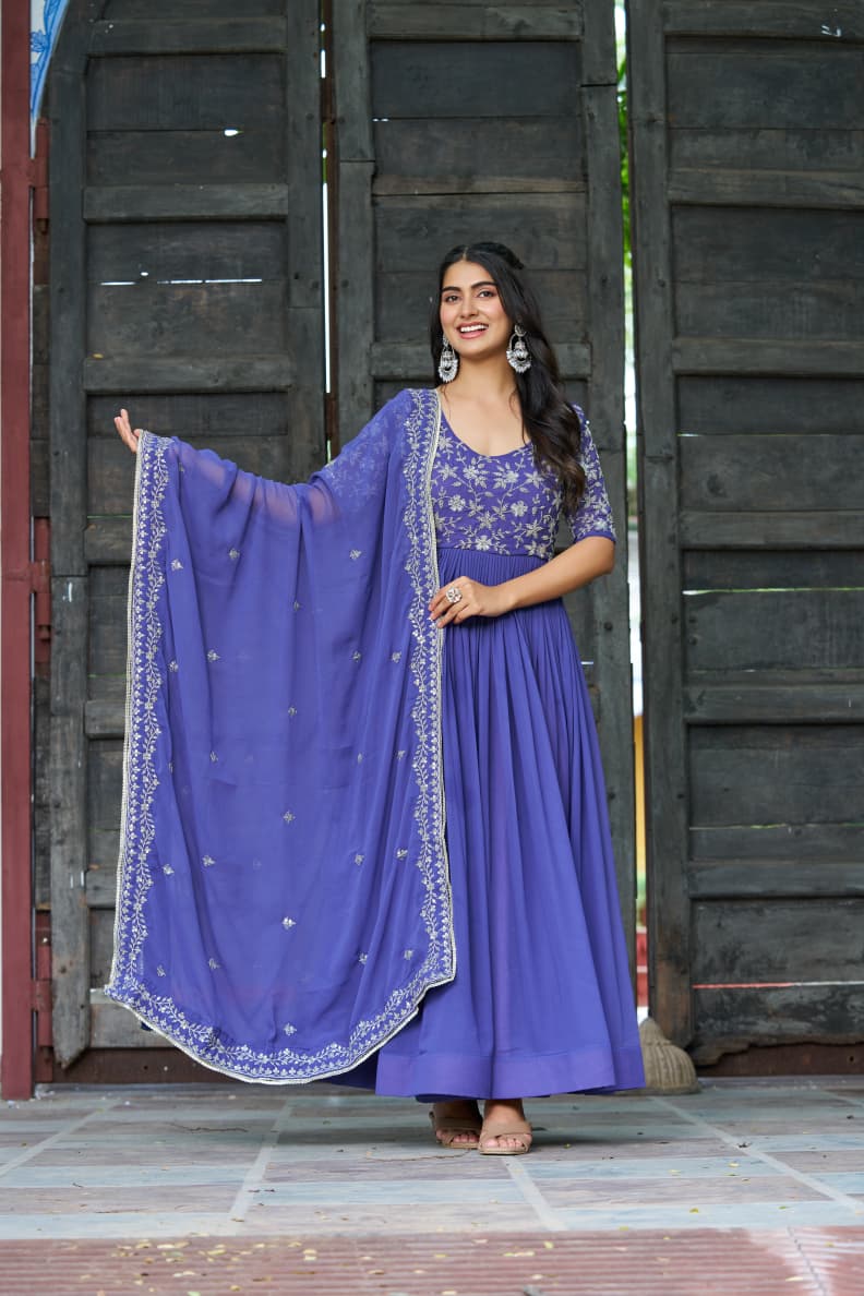 Prazu Fashion Blue Georgette Sequins Multithreaded Beads Embroidered Gown With Dupatta
