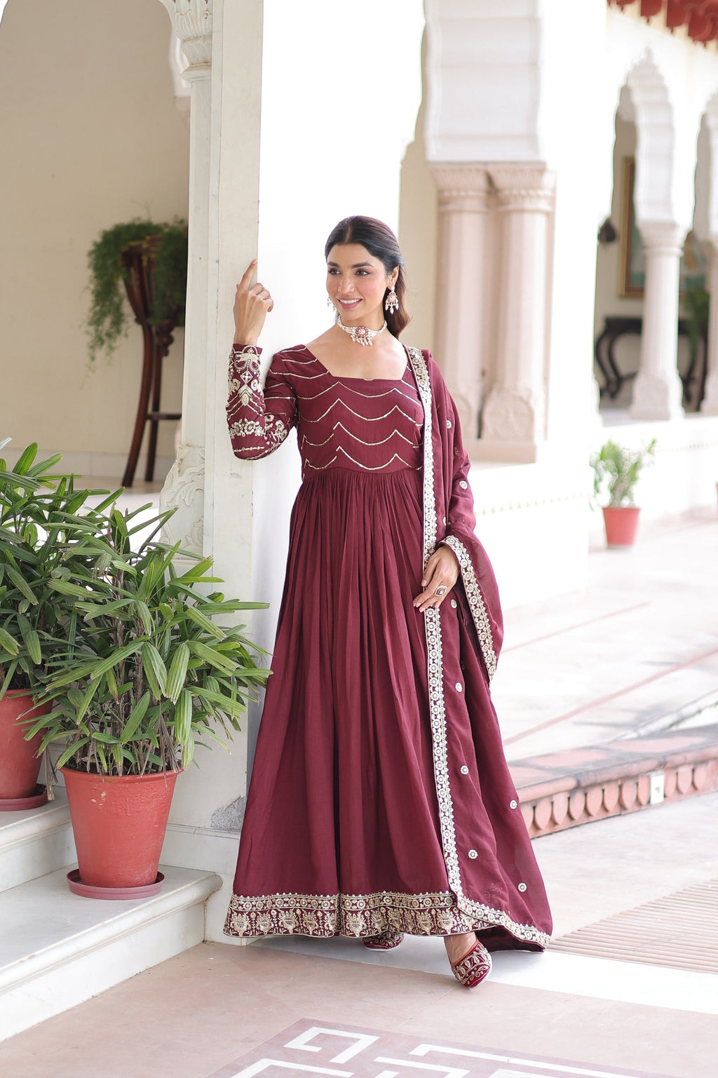 Prazu Fashion Brown Vichitra Silk Rich Sequins Embroidered Work Gown With Dupatta