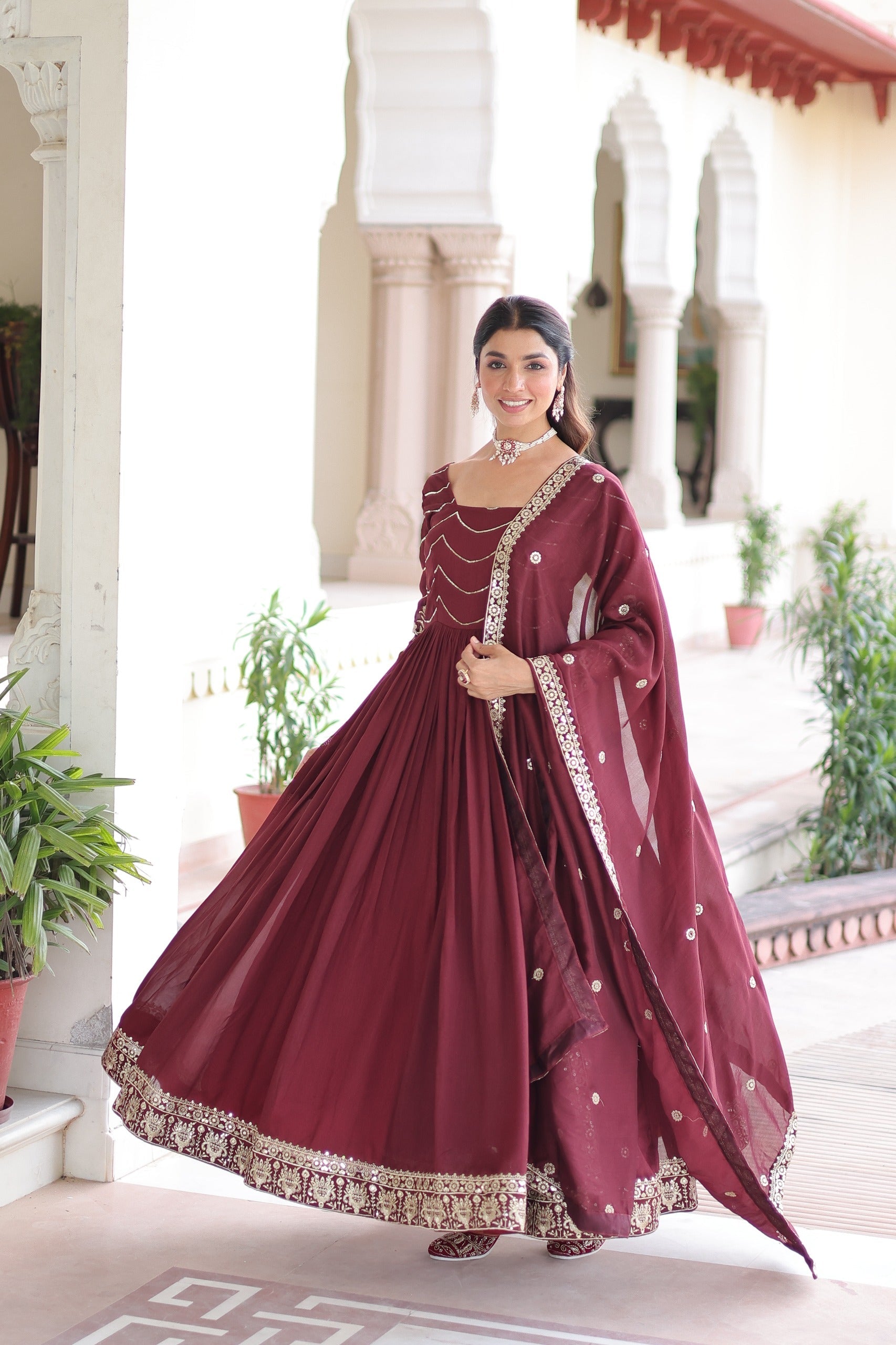 Prazu Fashion Brown Vichitra Silk Rich Sequins Embroidered Work Gown With Dupatta