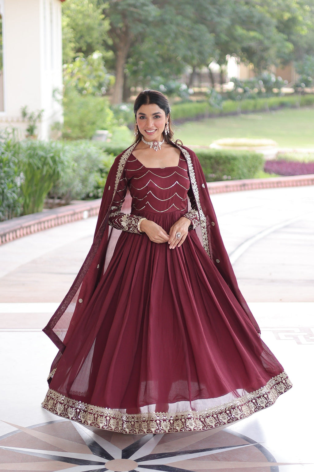 Prazu Fashion Brown Vichitra Silk Rich Sequins Embroidered Work Gown With Dupatta