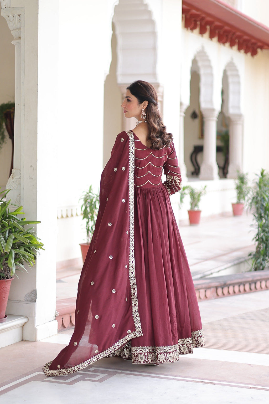 Prazu Fashion Brown Vichitra Silk Rich Sequins Embroidered Work Gown With Dupatta