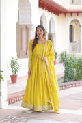Prazu Fashion Yellow Vichitra Silk Rich Sequins Embroidered Work Gown With Dupatta