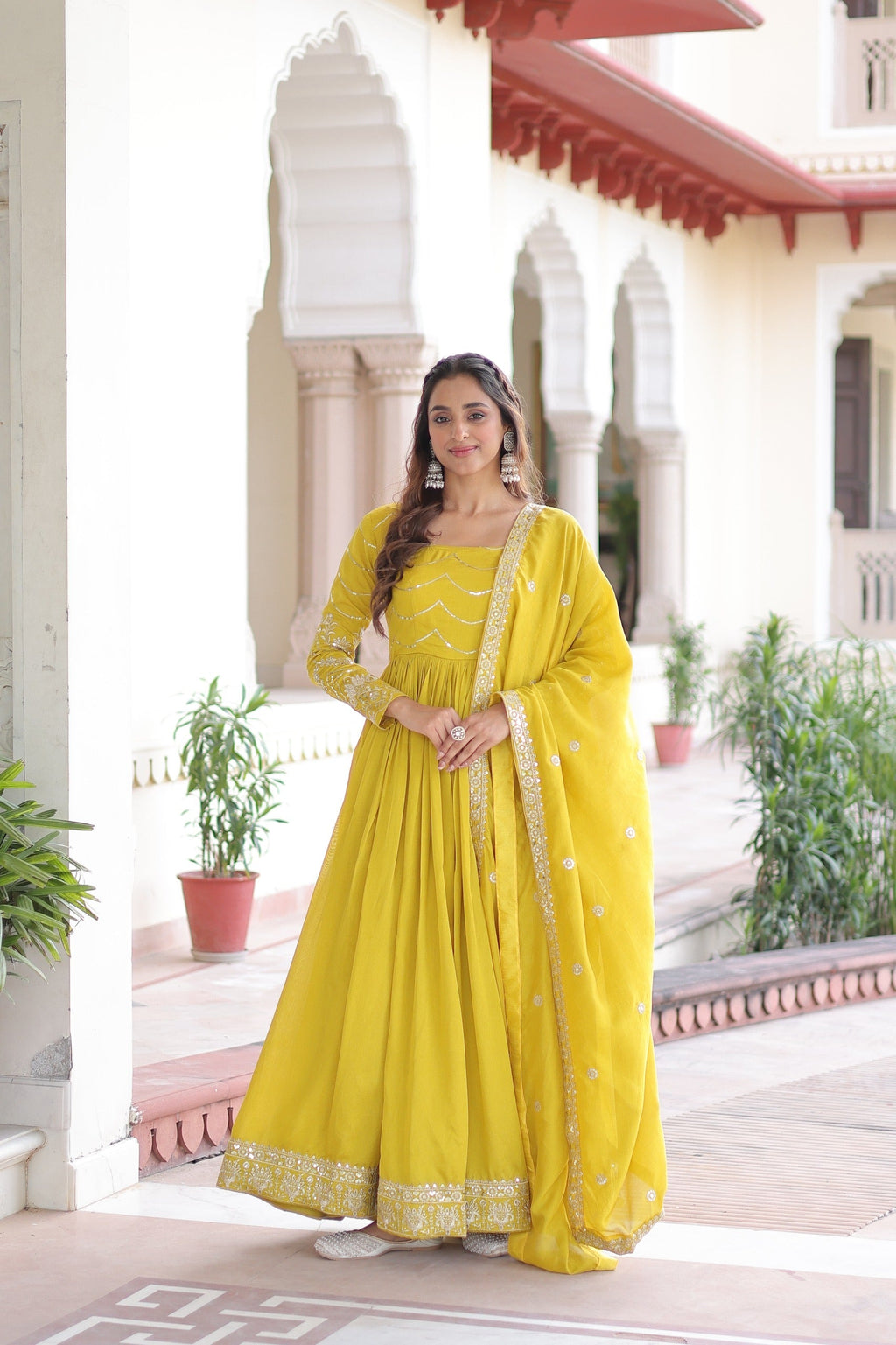 Prazu Fashion Yellow Vichitra Silk Rich Sequins Embroidered Work Gown With Dupatta