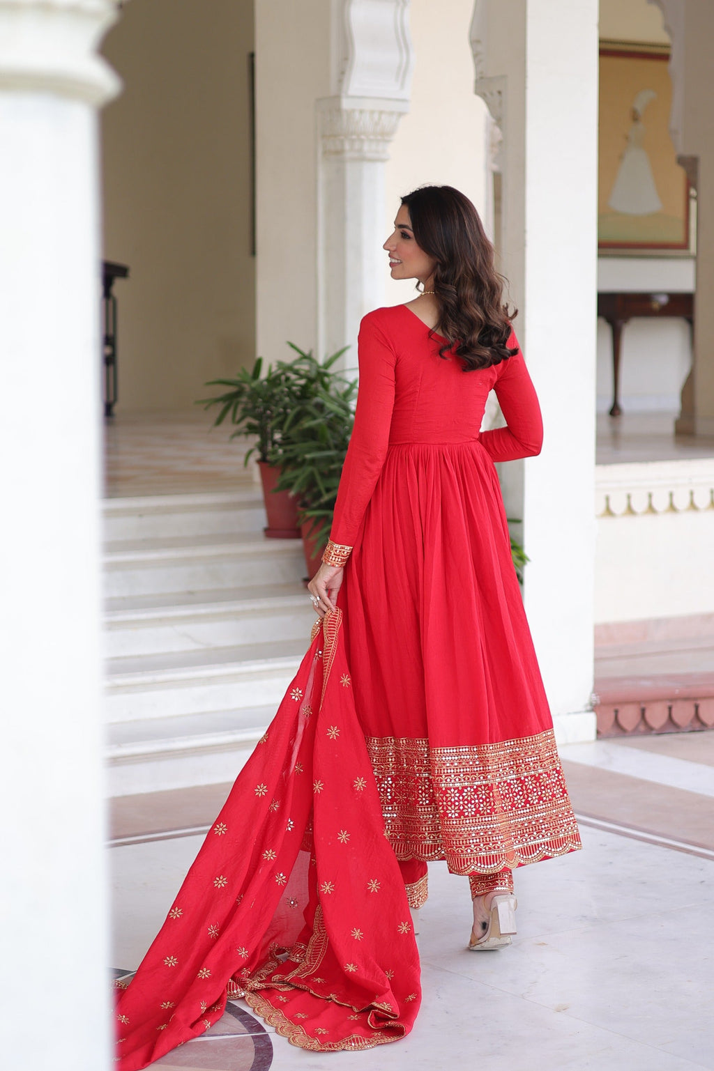 Prazu Fashion Red Vichitra Silk With Rich Sequins Embroidered Work Anarkali Suit