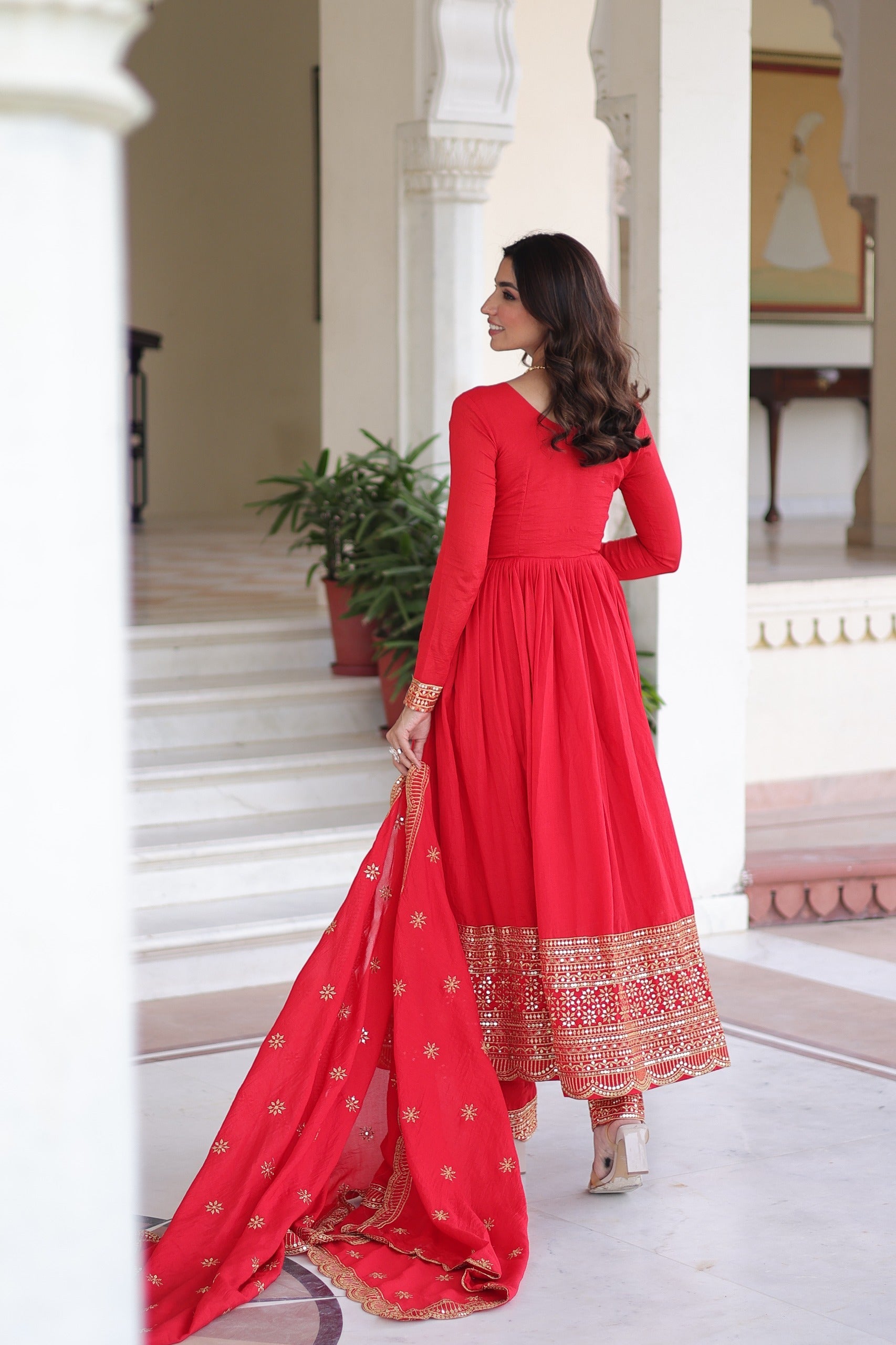 Prazu Fashion Red Vichitra Silk With Rich Sequins Embroidered Work Anarkali Suit
