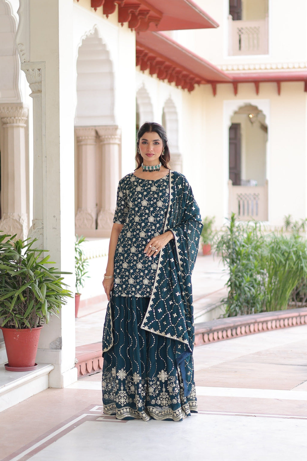 Prazu Fashion Blue Georgette With Rich Sequins Embroidered Work Sharara Suit