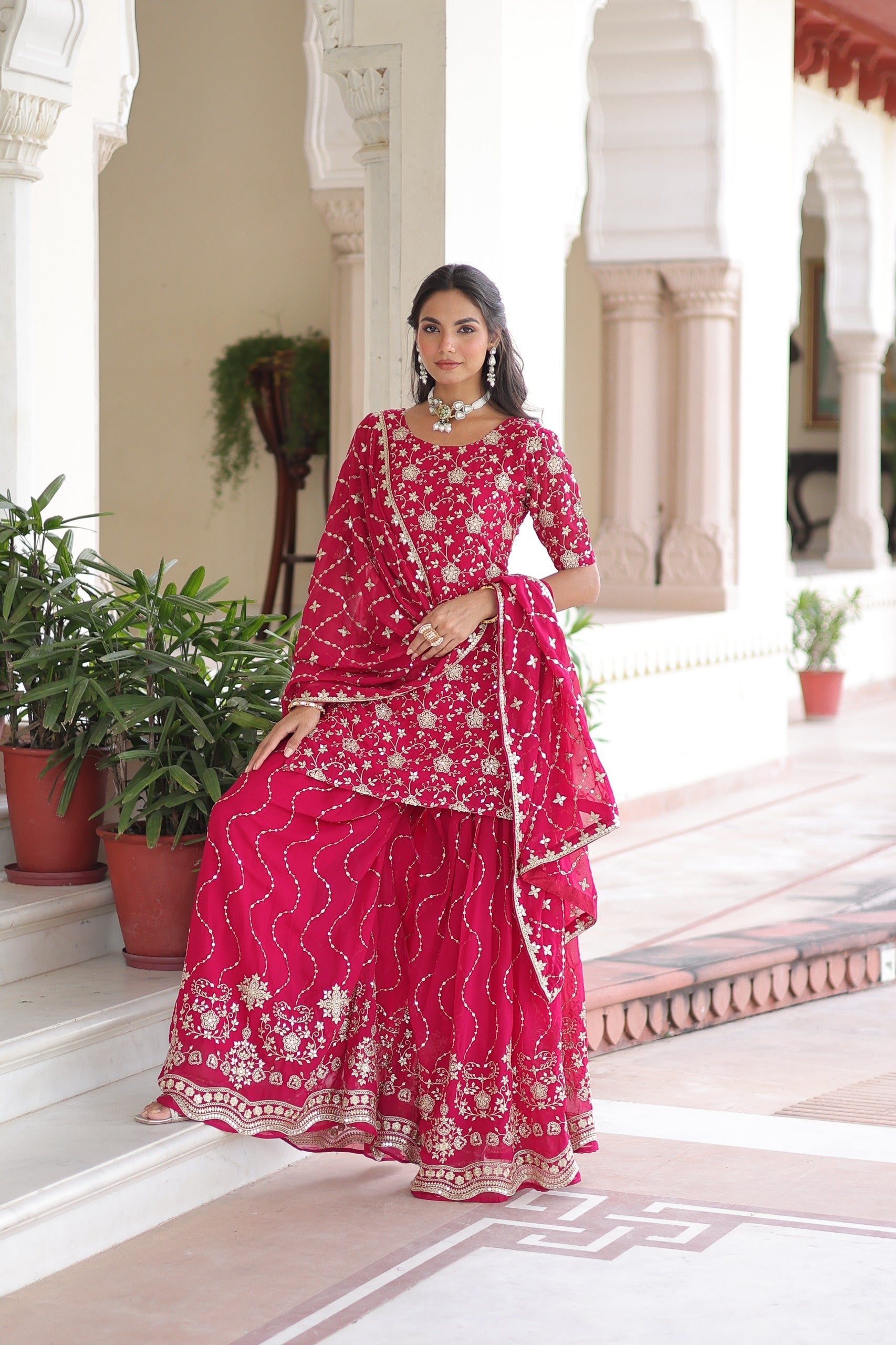 Prazu Fashion Pink Georgette With Rich Sequins Embroidered Work Sharara Suit