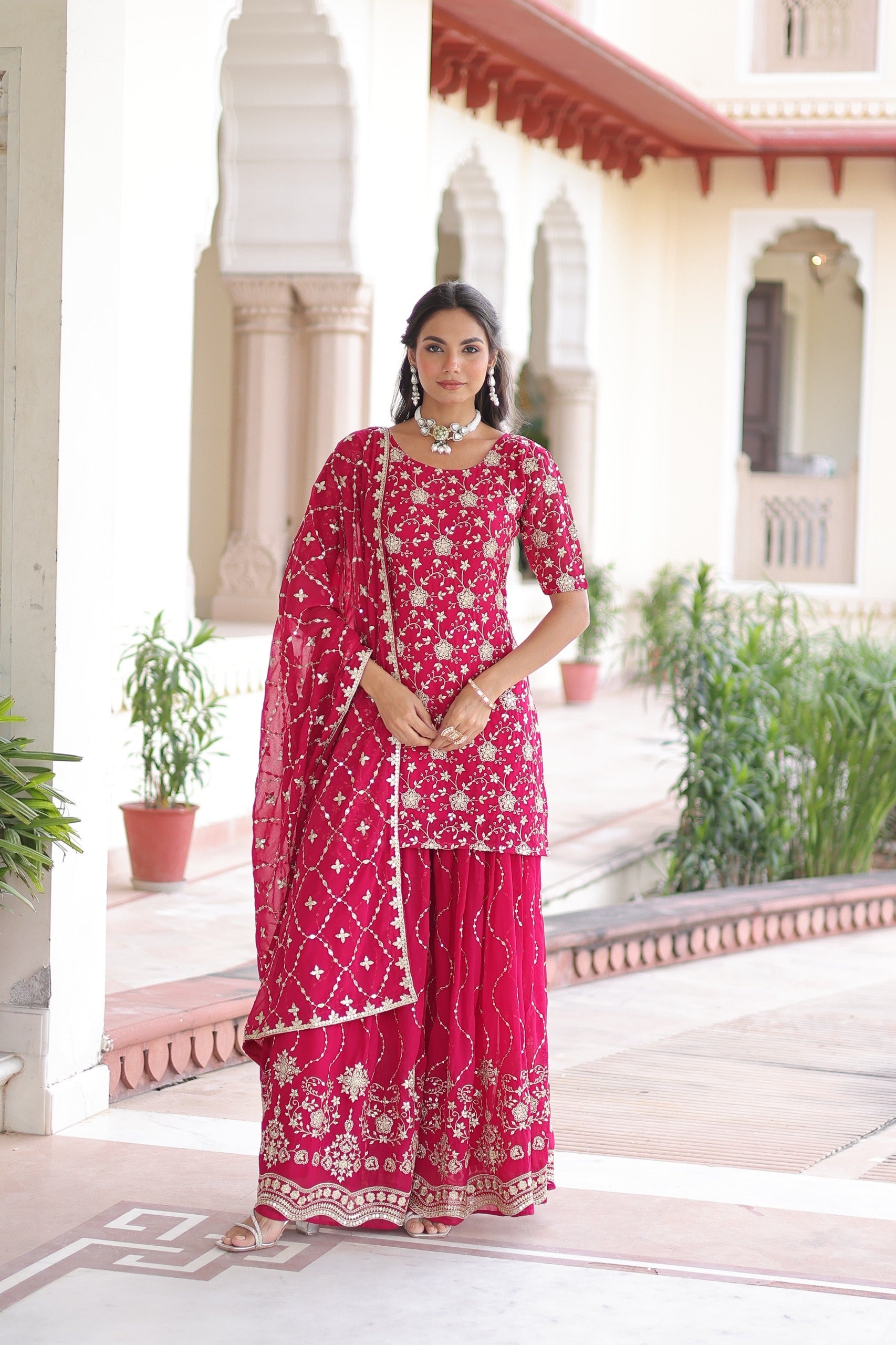 Prazu Fashion Pink Georgette With Rich Sequins Embroidered Work Sharara Suit