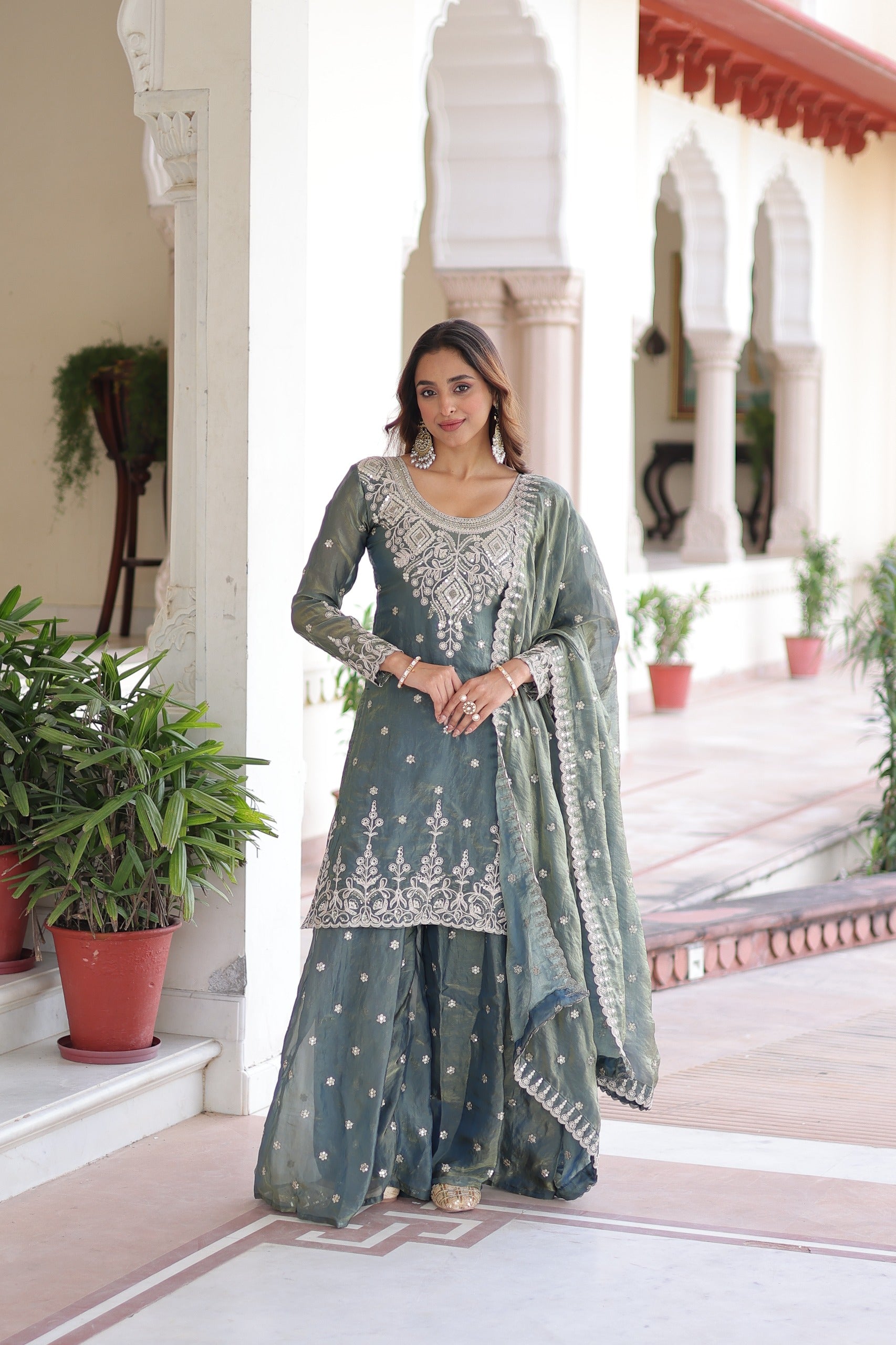 Prazu Fashion Light Grey Fendi Silk Coding Sequins Embroidered Work Sharara Suit