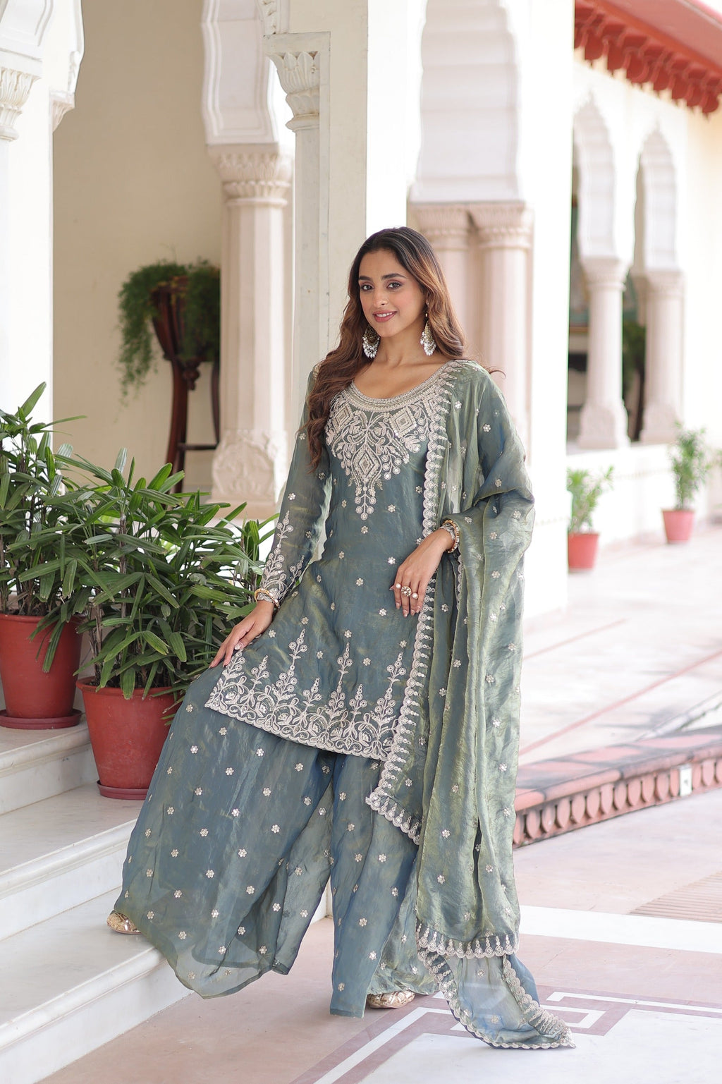 Prazu Fashion Light Grey Fendi Silk Coding Sequins Embroidered Work Sharara Suit