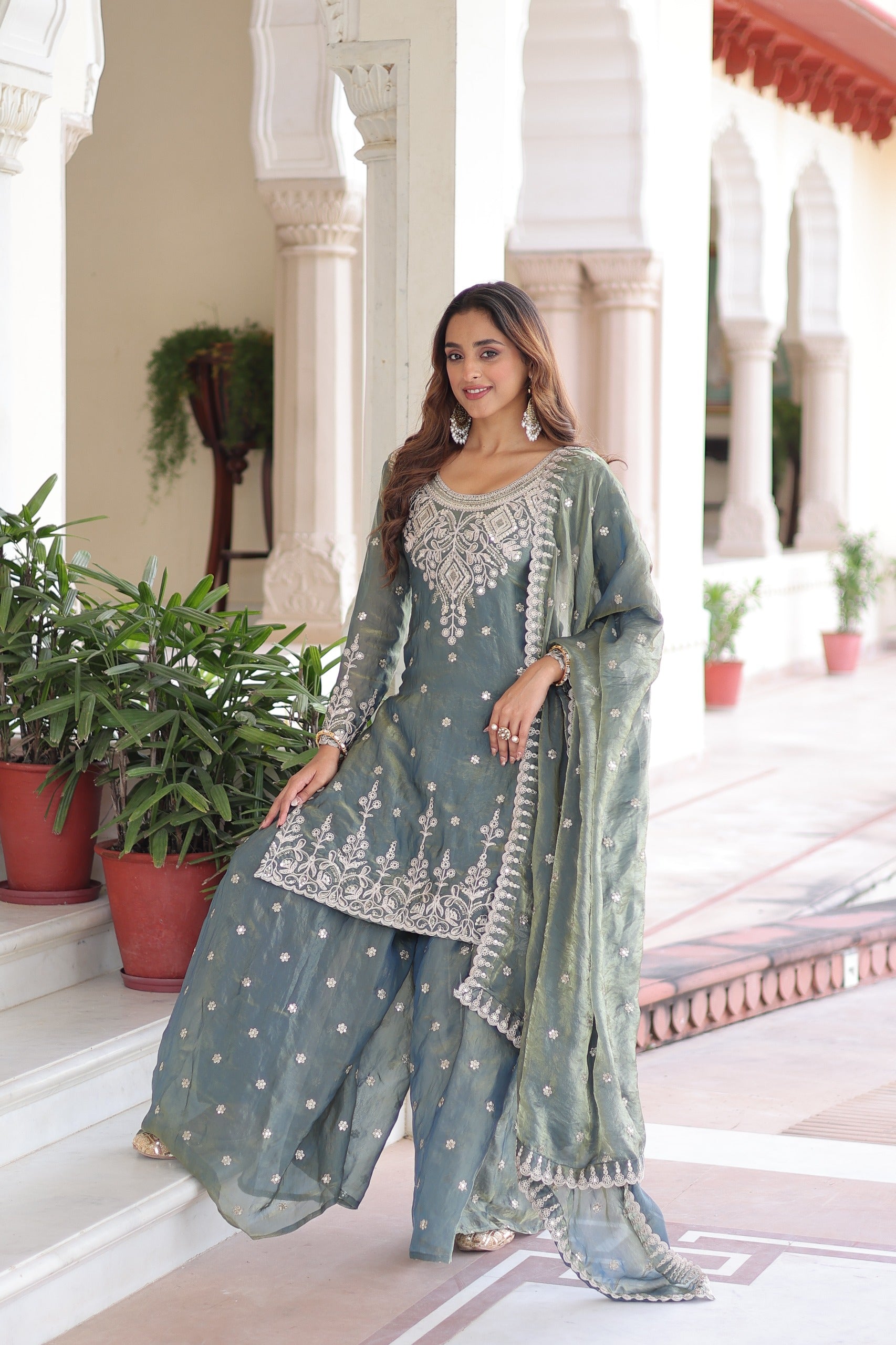 Prazu Fashion Light Grey Fendi Silk Coding Sequins Embroidered Work Sharara Suit