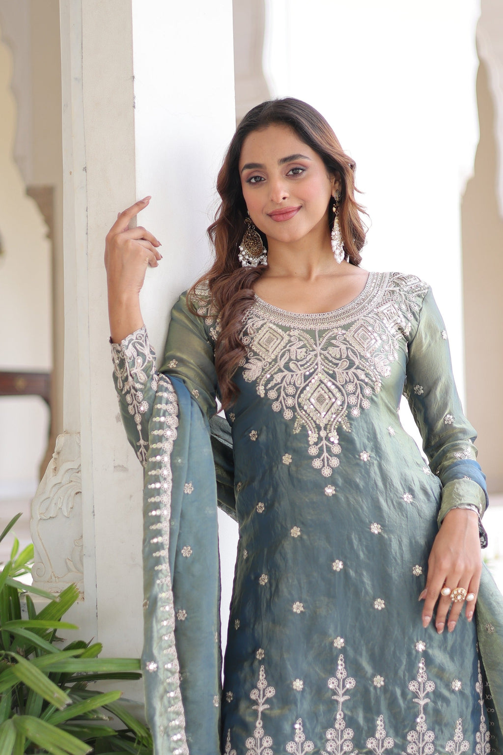 Prazu Fashion Light Grey Fendi Silk Coding Sequins Embroidered Work Sharara Suit