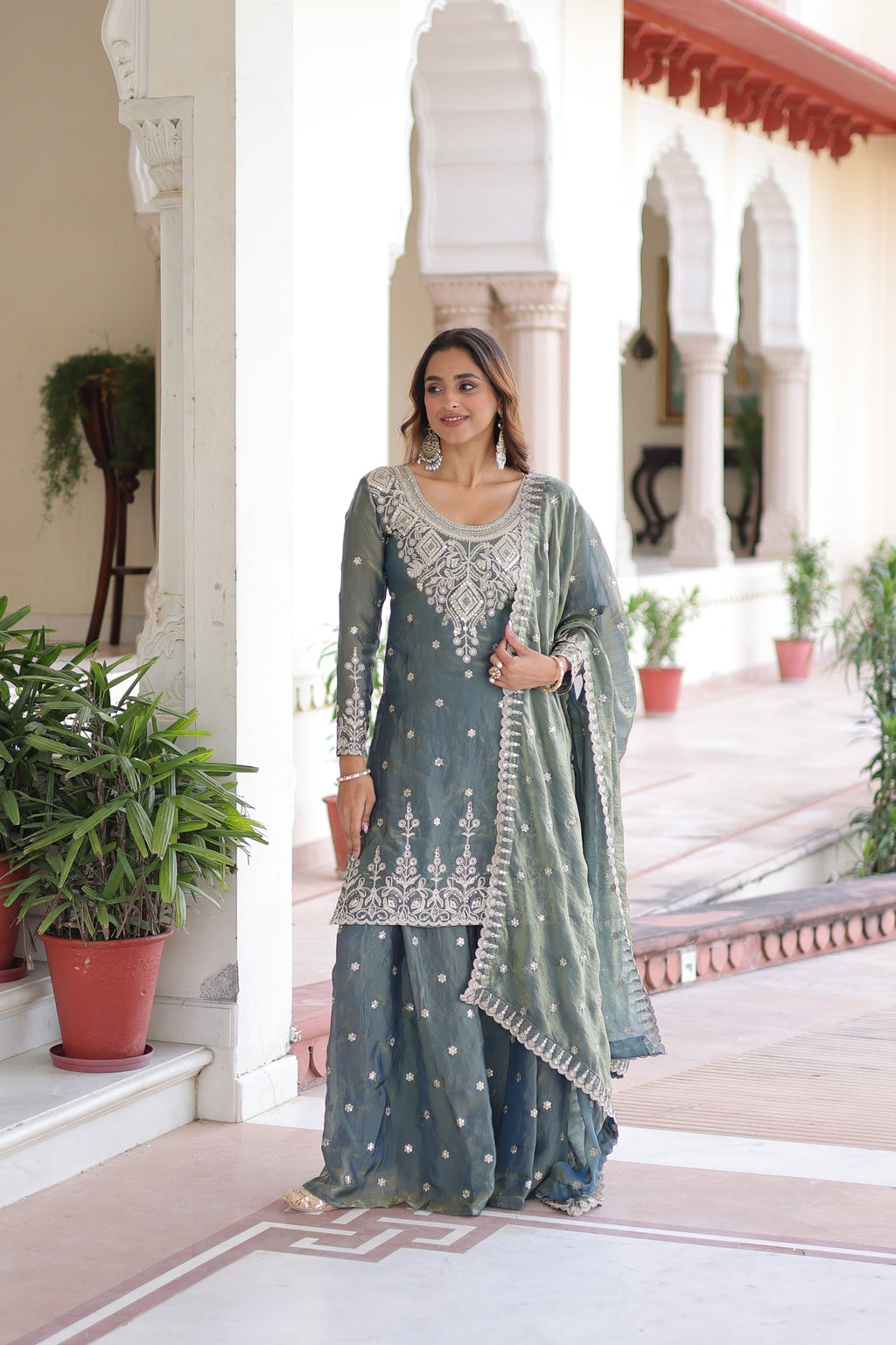 Prazu Fashion Light Grey Fendi Silk Coding Sequins Embroidered Work Sharara Suit