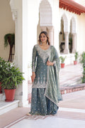 Prazu Fashion Light Grey Fendi Silk Coding Sequins Embroidered Work Sharara Suit