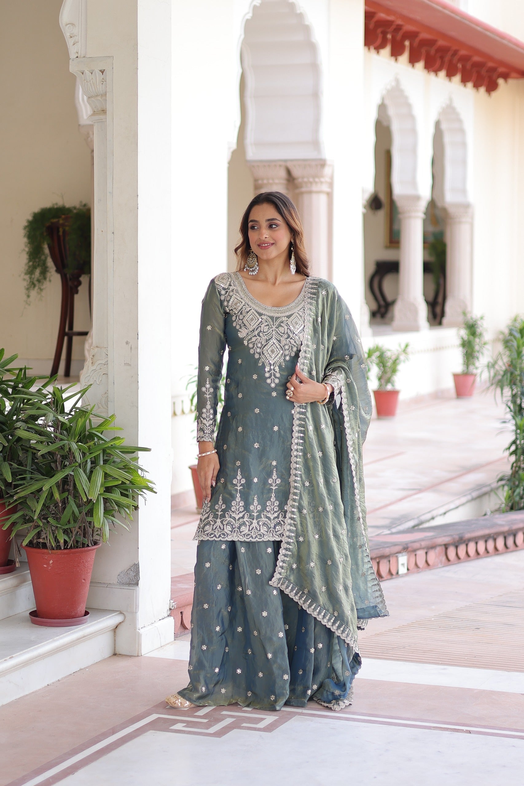 Prazu Fashion Light Grey Fendi Silk Coding Sequins Embroidered Work Sharara Suit