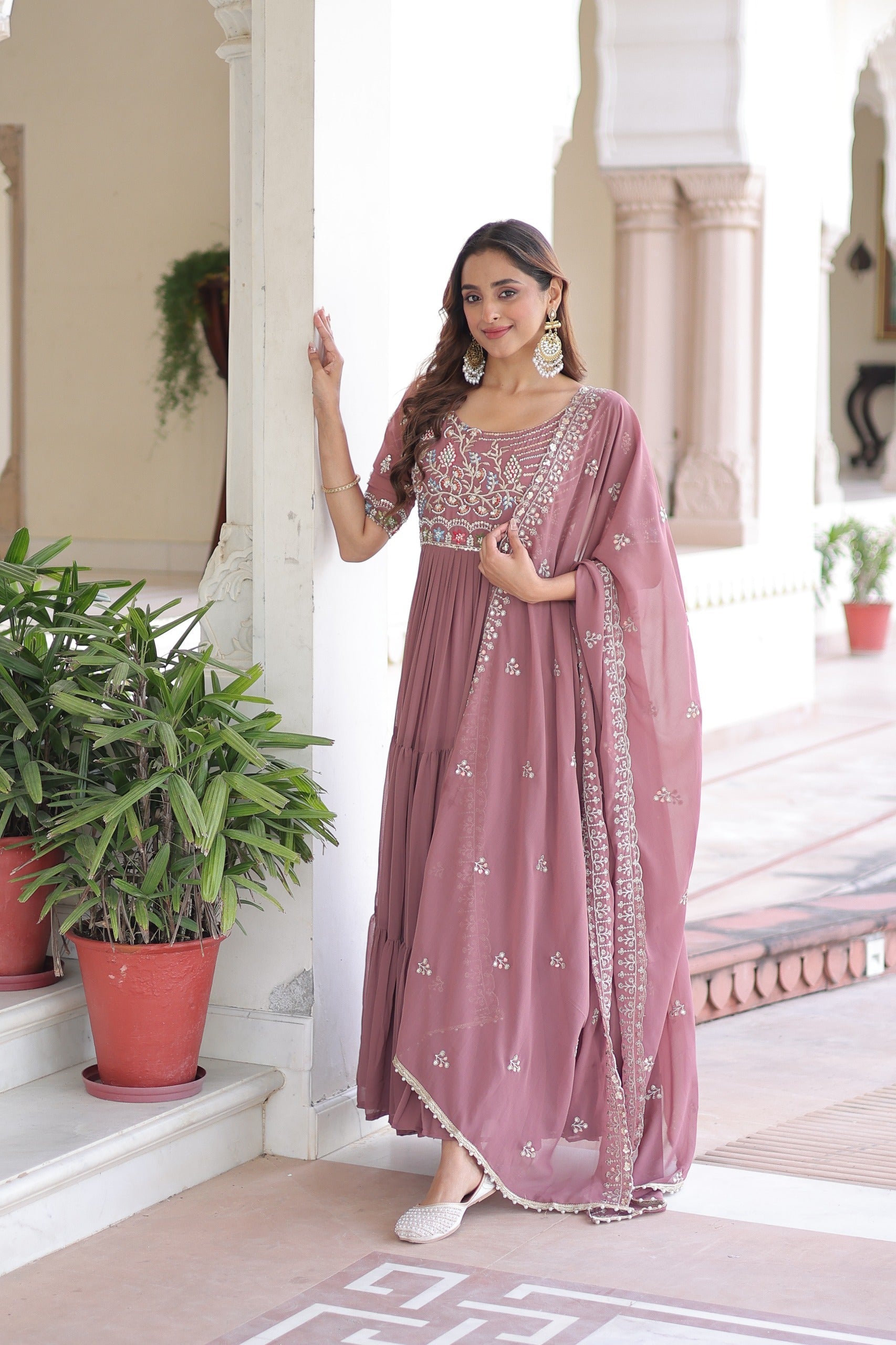 Prazu Fashion Onion Pink Georgette Sequins Multithreaded Beads Gown With Dupatta