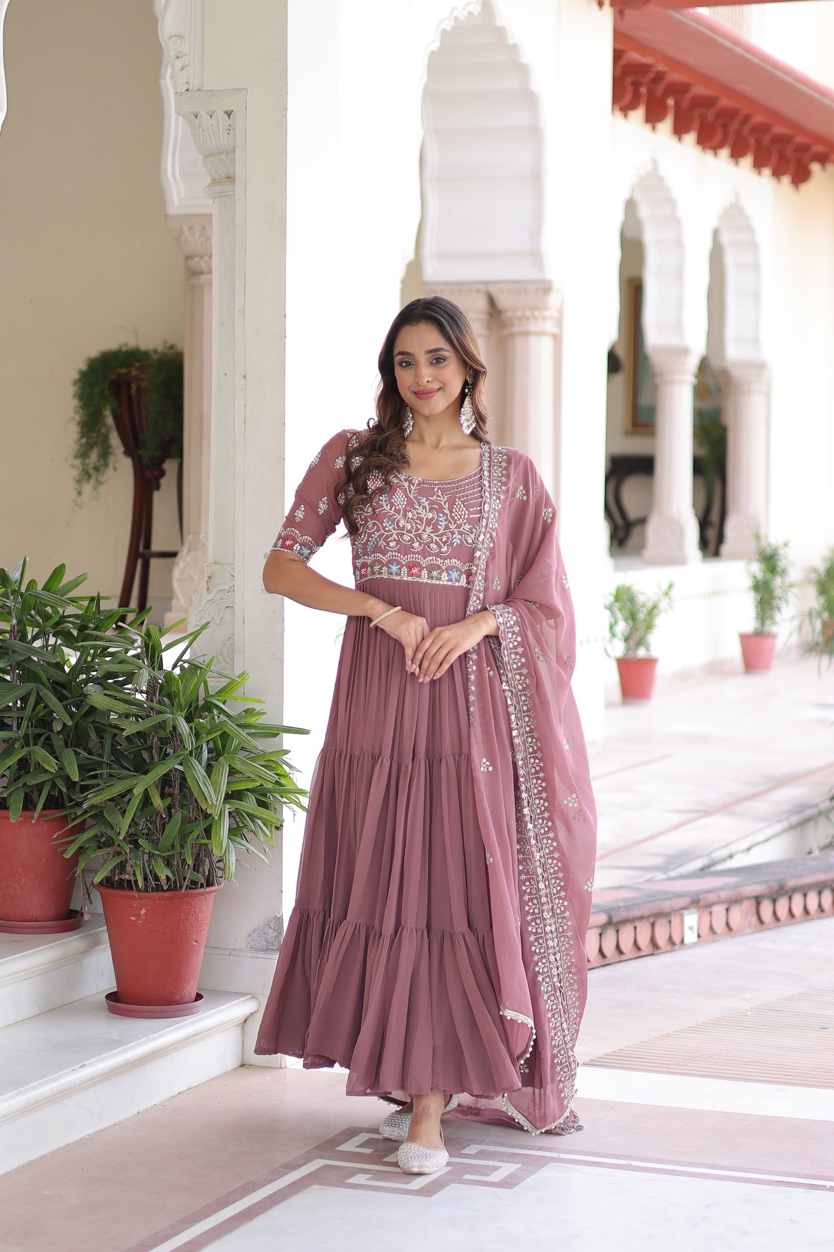 Prazu Fashion Onion Pink Georgette Sequins Multithreaded Beads Gown With Dupatta