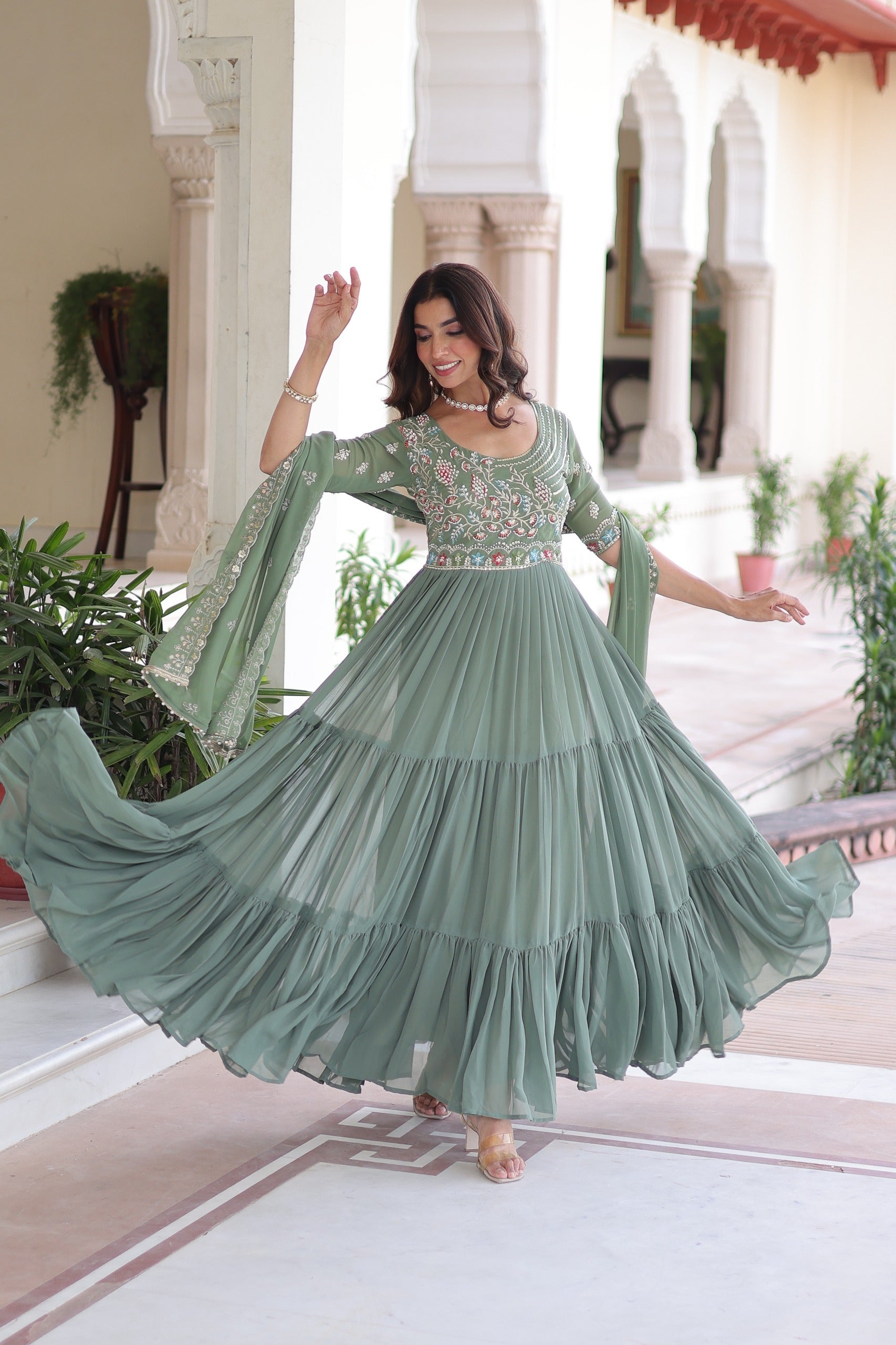 Prazu Fashion Sea Green Georgette Sequins Multithreaded Beads Gown With Dupatta