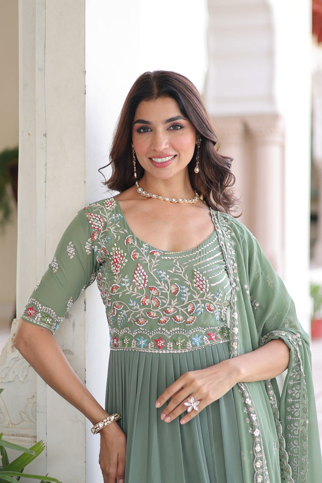 Prazu Fashion Sea Green Georgette Sequins Multithreaded Beads Gown With Dupatta