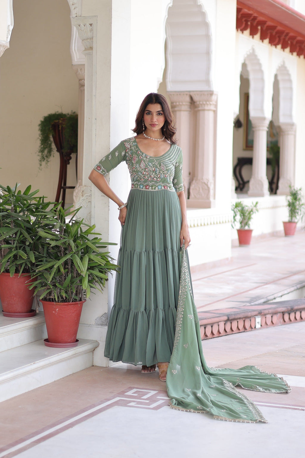 Prazu Fashion Sea Green Georgette Sequins Multithreaded Beads Gown With Dupatta