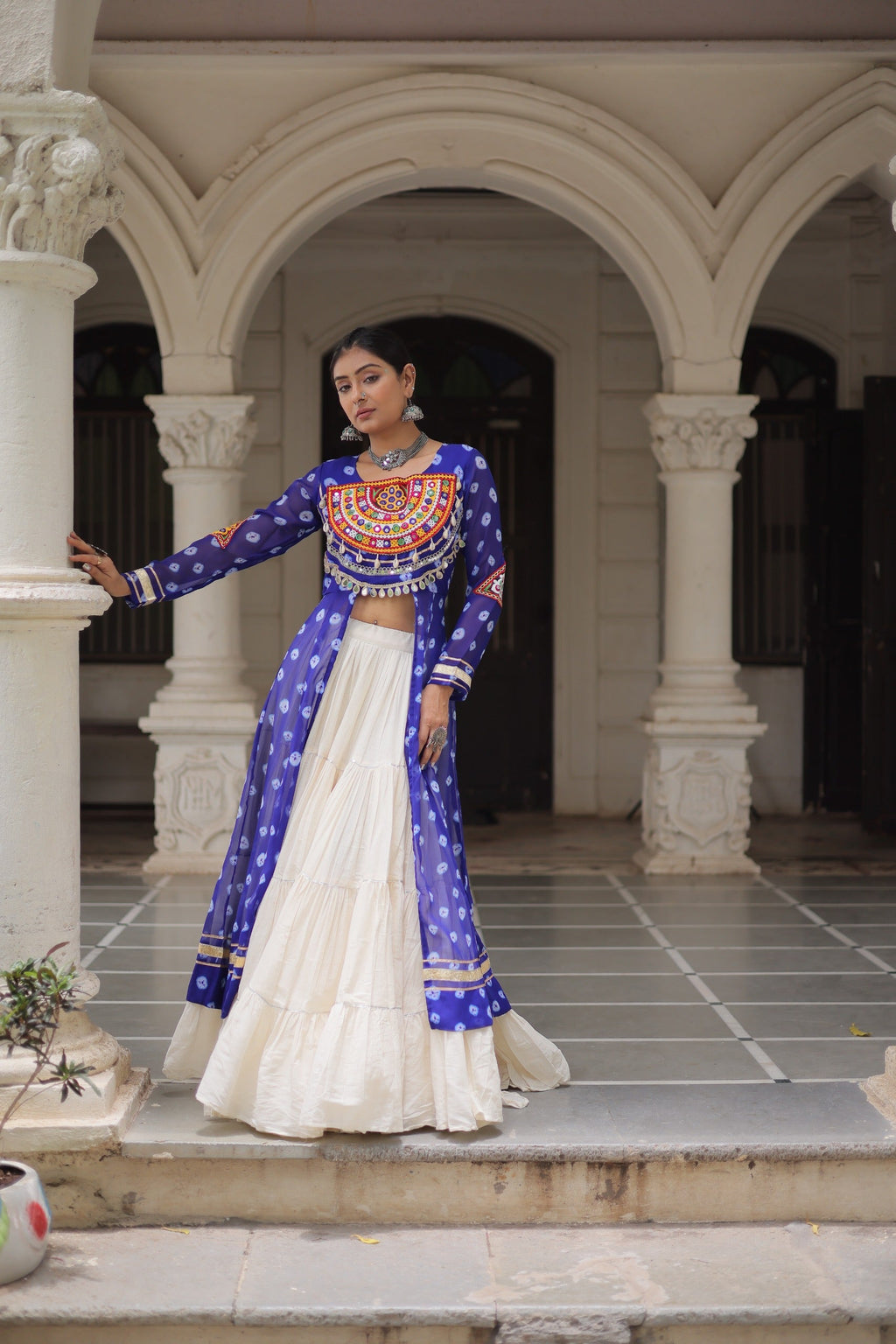 Prazu Fashion Blue Georgette Bandhani Print With Kutchi Patchwork Navratri Lehenga Kurti