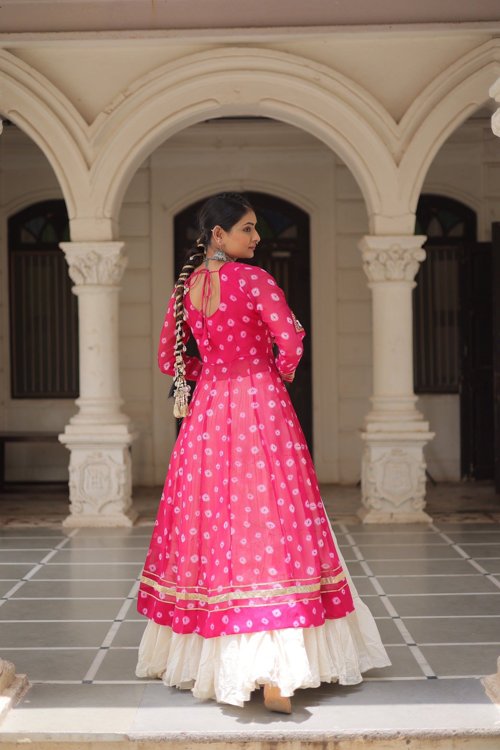 Prazu Fashion Pink Georgette Bandhani Print With Kutchi Patchwork Navratri Lehenga Kurti