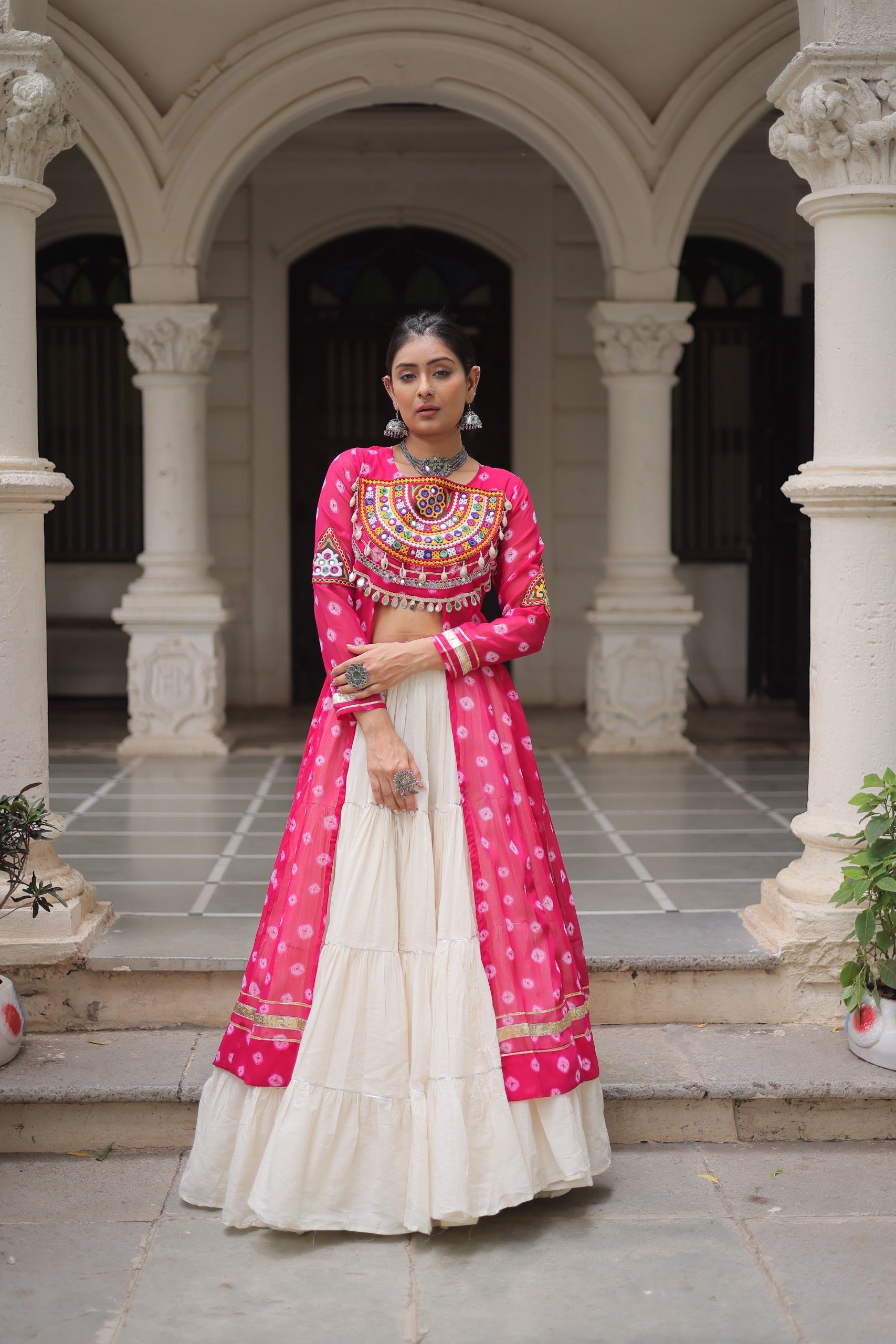 Prazu Fashion Pink Georgette Bandhani Print With Kutchi Patchwork Navratri Lehenga Kurti