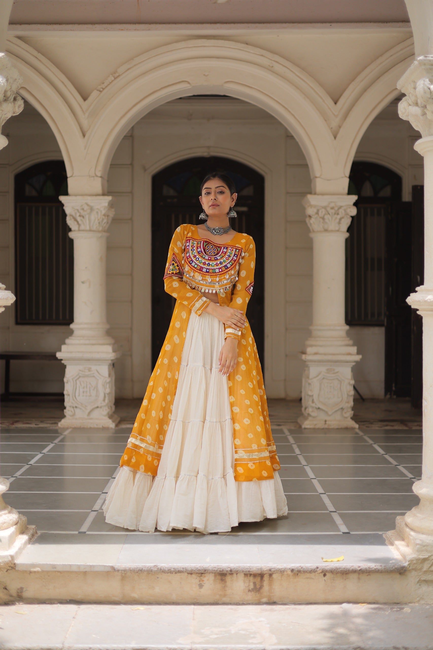 Prazu Fashion Yellow Georgette Bandhani Print With Kutchi Patchwork Navratri Lehenga Kurti