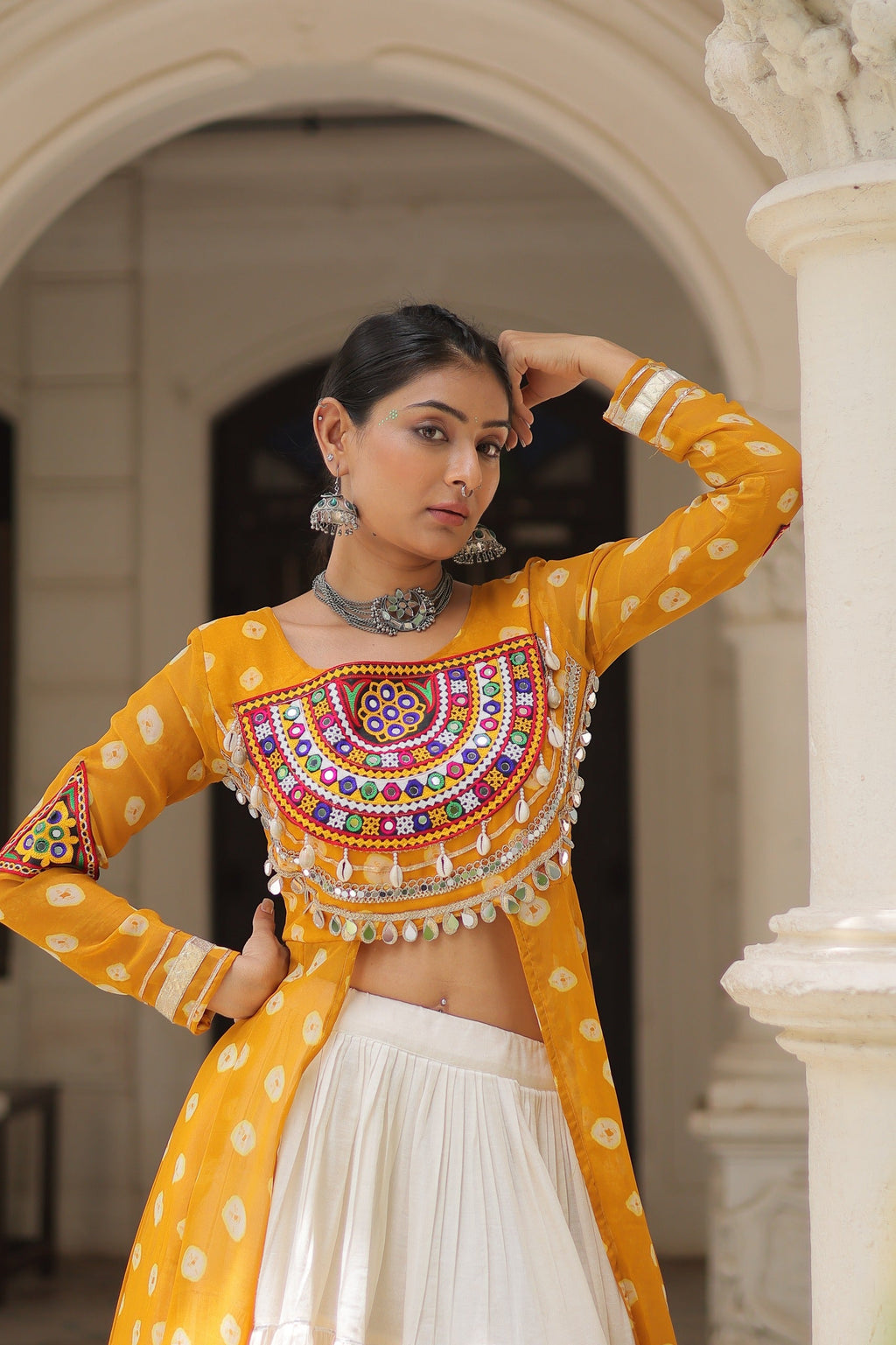 Prazu Fashion Yellow Georgette Bandhani Print With Kutchi Patchwork Navratri Lehenga Kurti