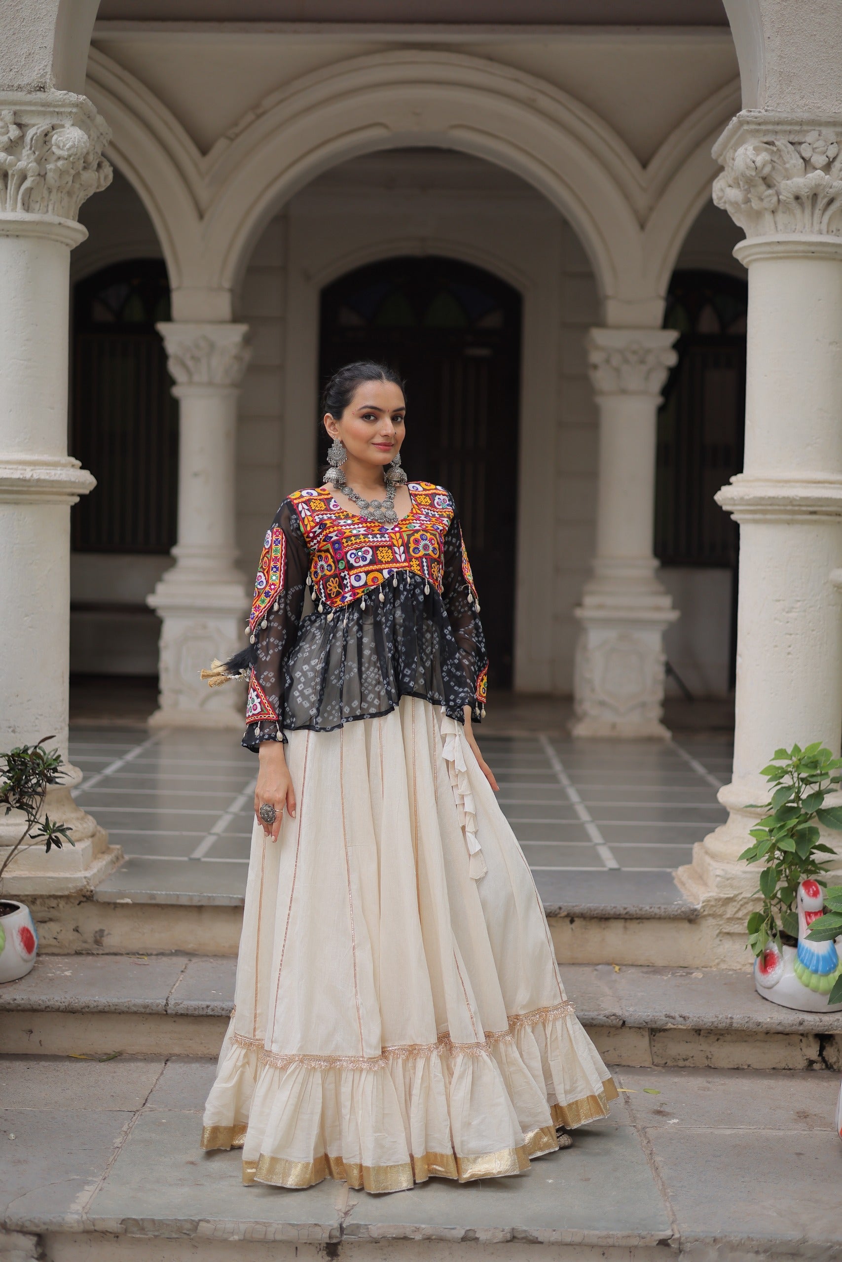 Prazu Fashion Black Georgette Bandhani Print With Kutchi Gamthi Navratri Lehenga