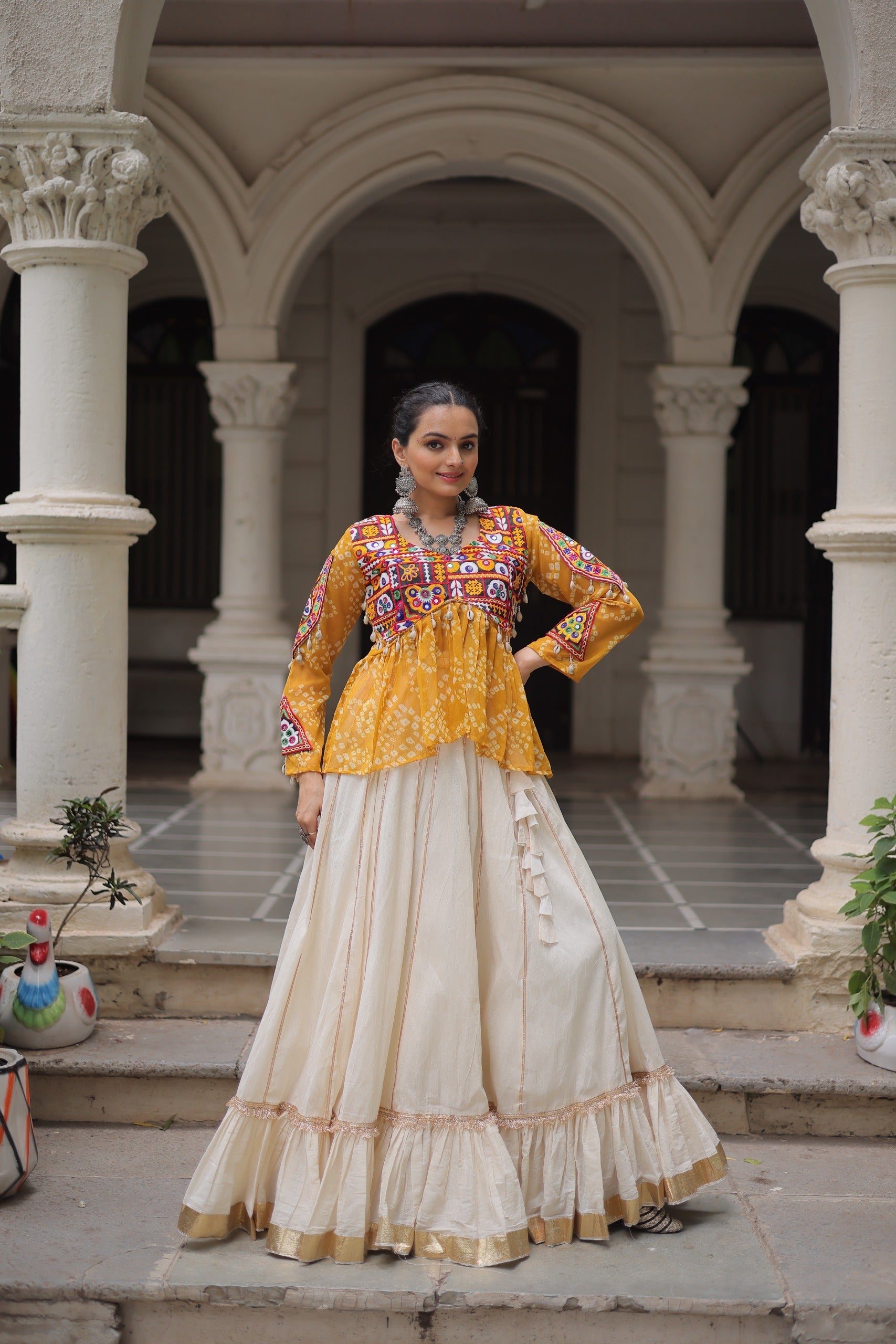 Prazu Fashion Yellow Georgette Bandhani Print With Kutchi Gamthi Navratri Lehenga