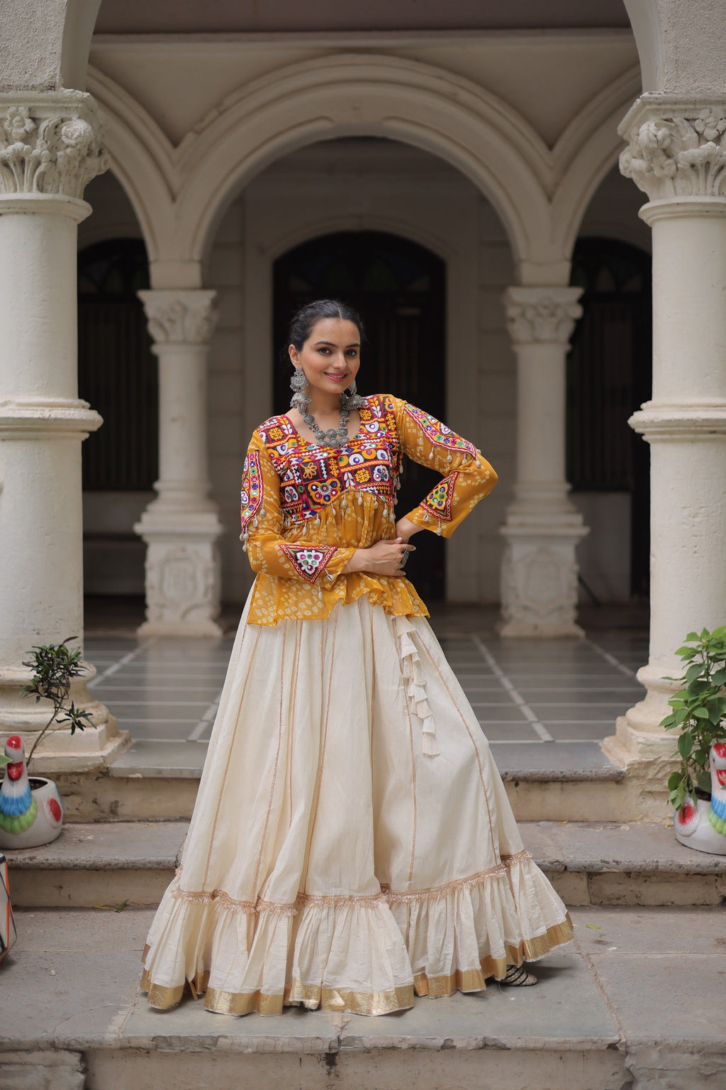 Prazu Fashion Yellow Georgette Bandhani Print With Kutchi Gamthi Navratri Lehenga