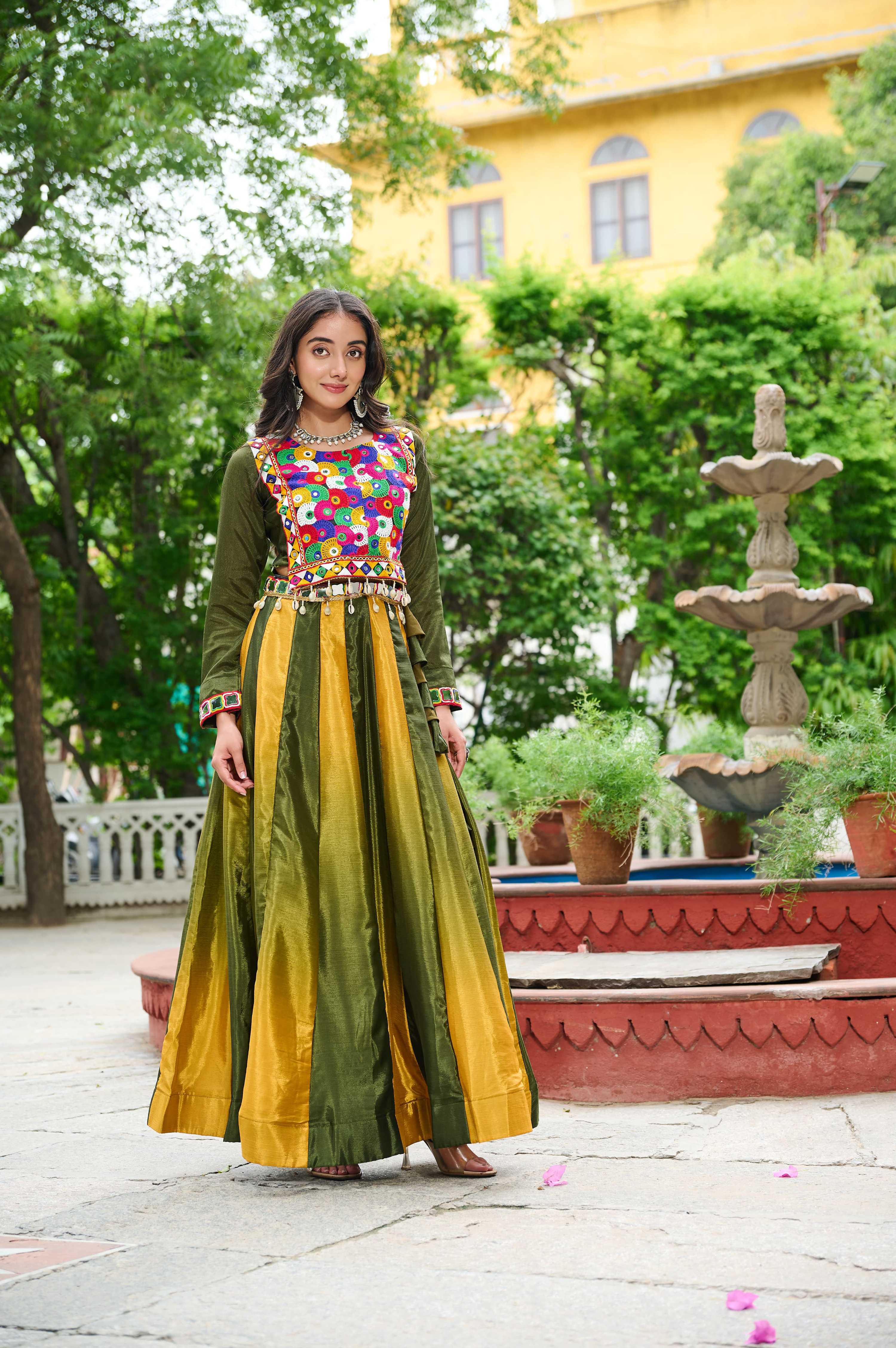 Prazu Fashion Multicolor Chinnon Padding Kutchi Gamthi Embroidered Work Navratri Lehenga