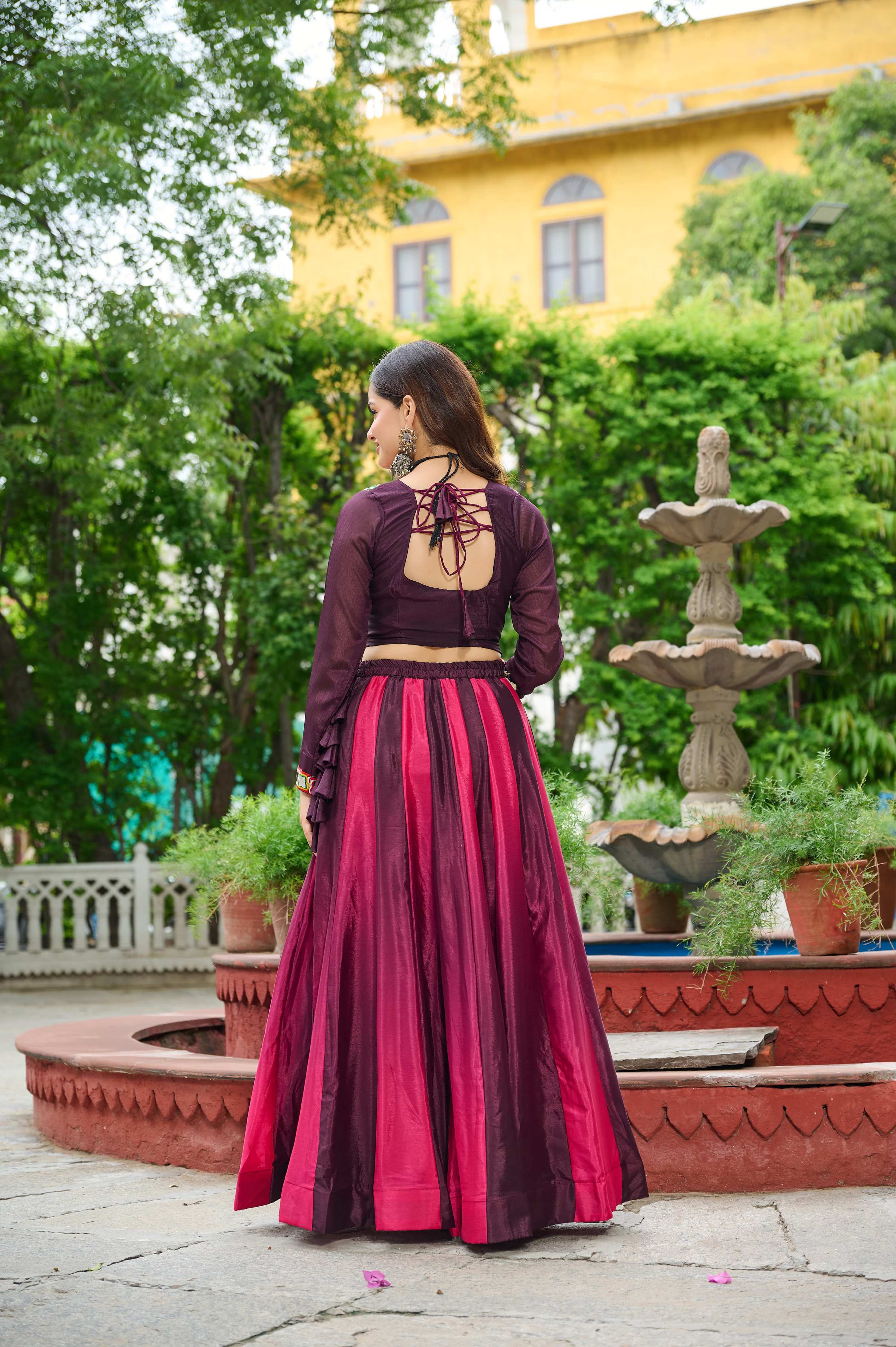 Prazu Fashion Multicolor Chinnon Pedding Kutchi Gamthi Embroidered Work Navratri Lehenga