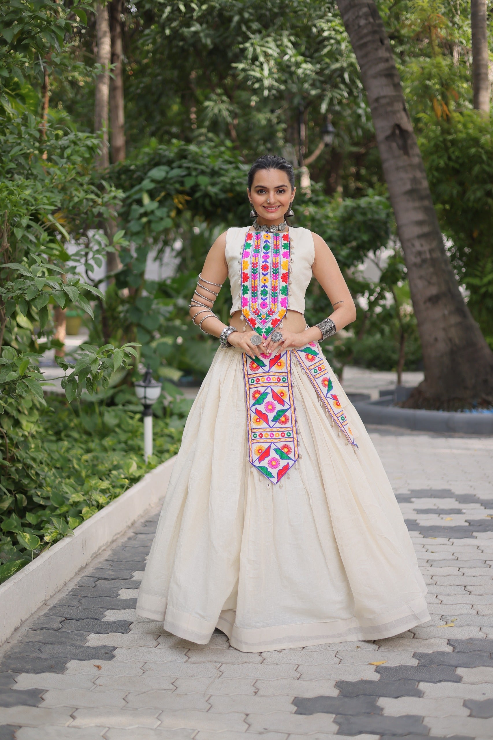 Prazu Fashion Off White Kora Cotton With Kutchi Gamthi Work Lehenga For Navratri