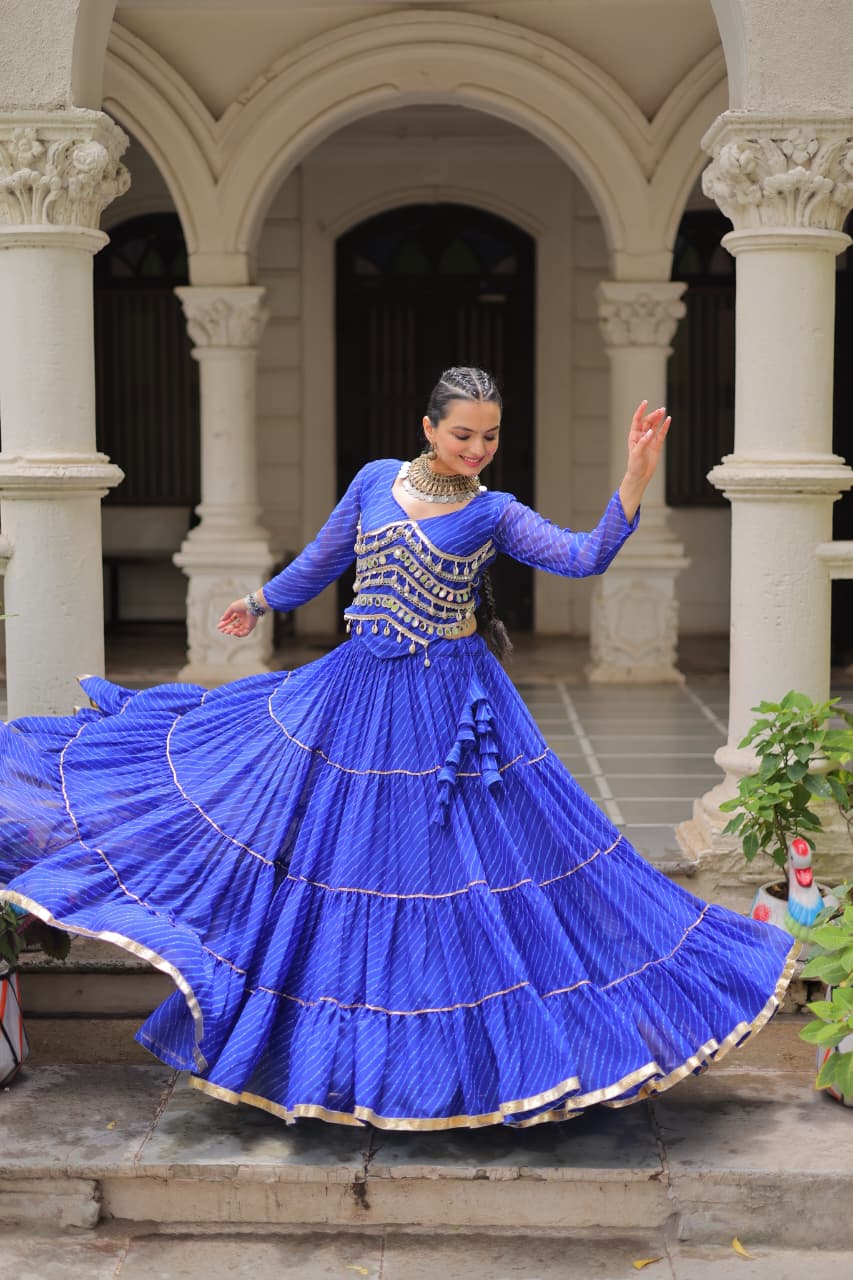 Prazu Fashion Blue Georgette Leheriya Print Work With Mirror Lace Navratri Lehenga